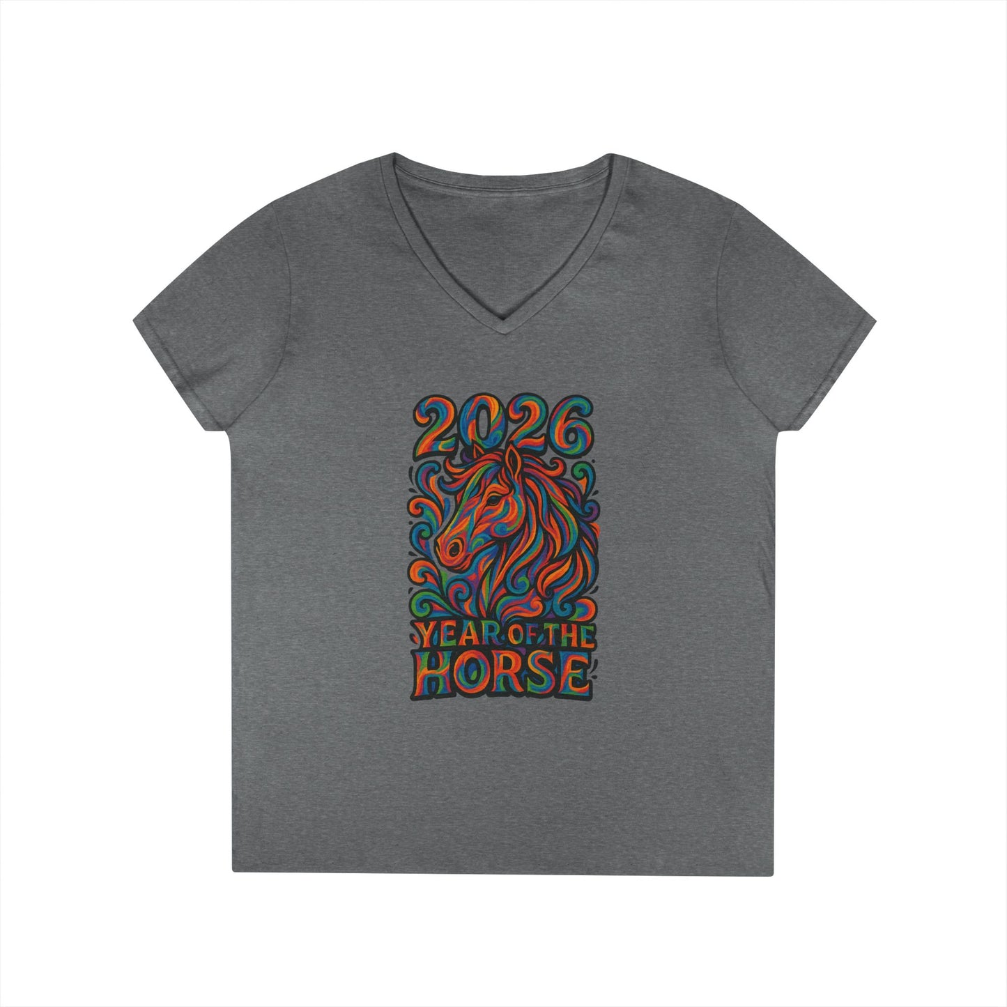 2026 Year of the Horse Ladies' V‑Neck Tee — Colorful Zodiac Horse Design