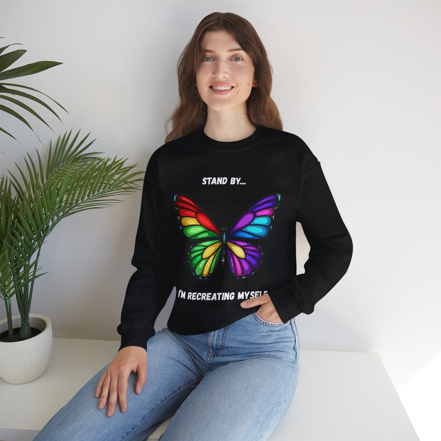 Colorful Butterfly Inspirational Crewneck Sweatshirt, Relaxed Fit, Perfect for Personal Growth Gifts, Self-Discovery, Cozy Apparel