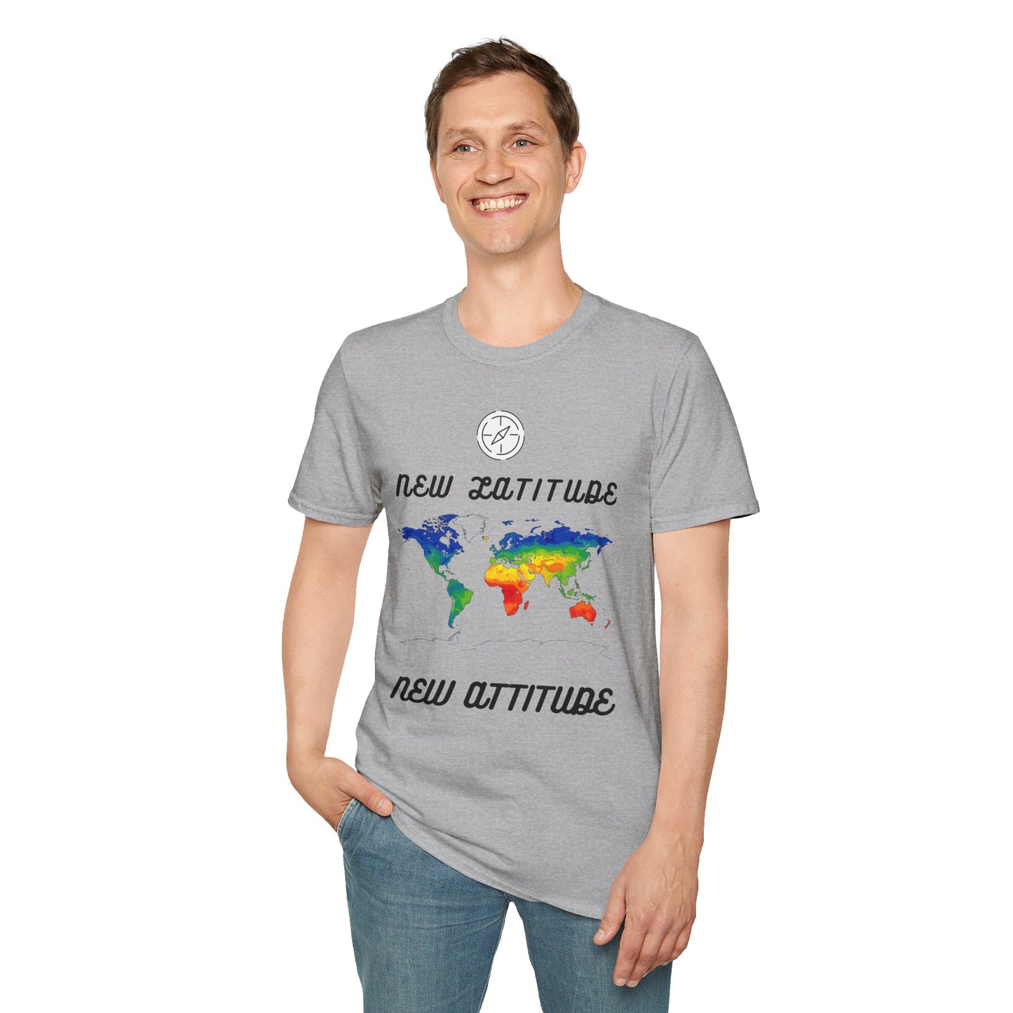 New Latitude New Attitude Map T-Shirt, Colorful World Map Travel Tee, 100%Cotton