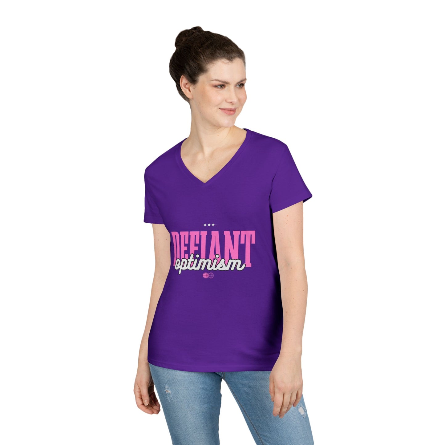 Defiant Optimism V-Neck Womens 100% Cotton Tee