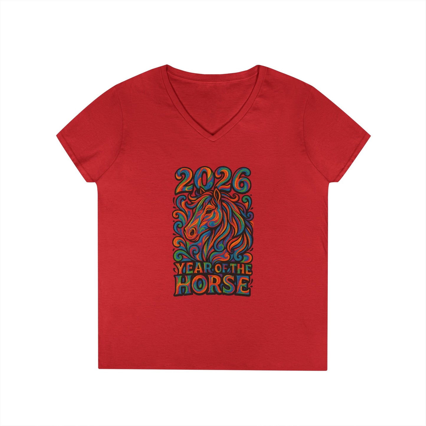 2026 Year of the Horse Ladies' V‑Neck Tee — Colorful Zodiac Horse Design