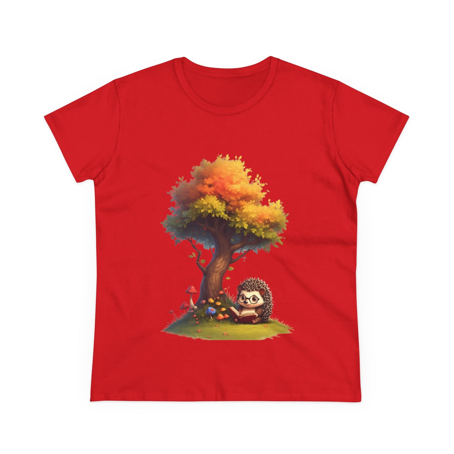 Cute Hedgehog and Autumn Tree T-Shirt, Fall Apparel, Nature Lover Gift, Women's Casual Tee, Gift for Her, Seasonal Style