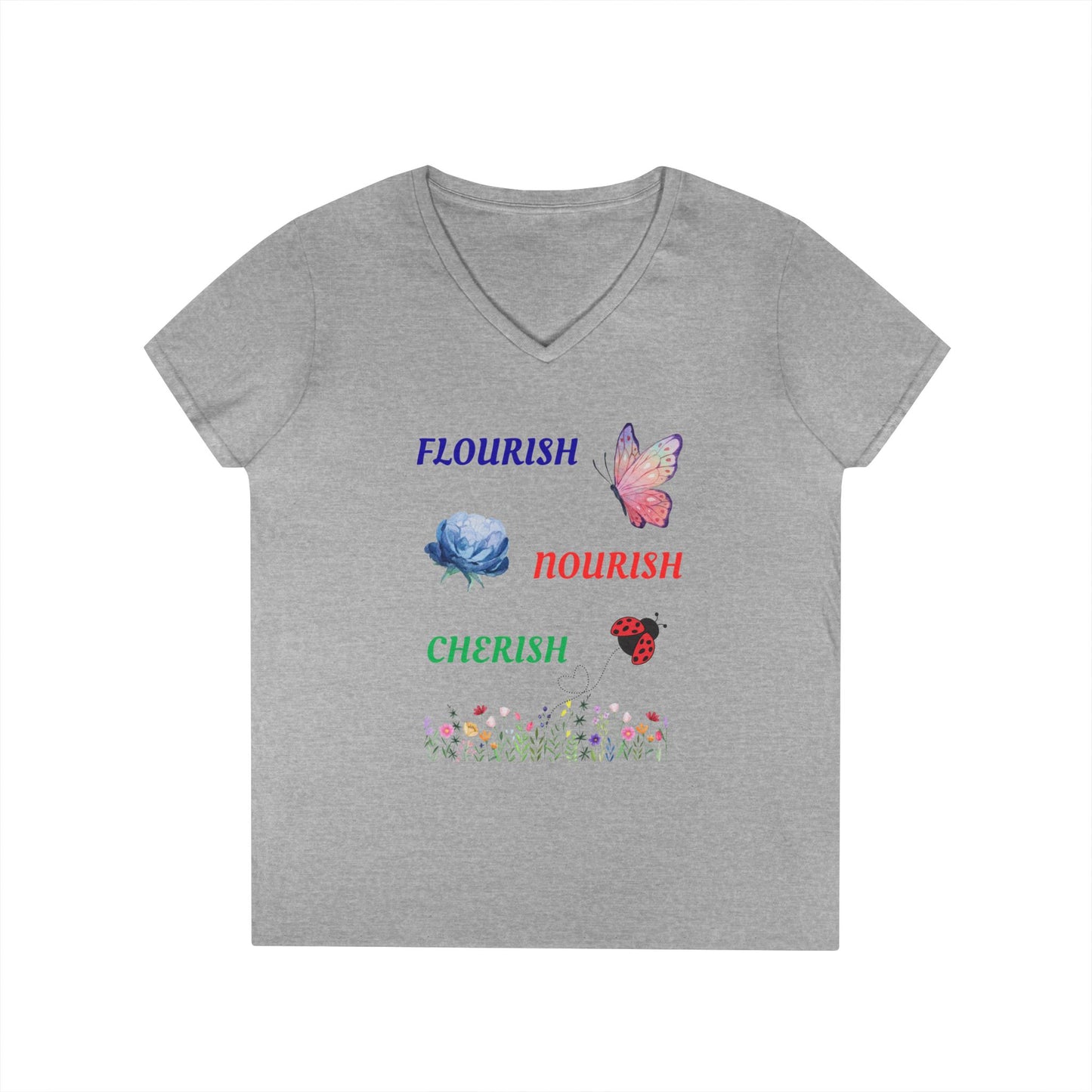 Flourish Nourish Cherish Floral V-Neck  Cotton Tee
