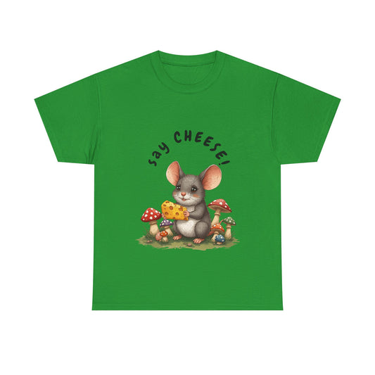 Say Cheese! Cute Mouse Graphic Tee, Say Cheese Unisex Heavy Cotton Tee, Whimsical T-Shirt, Nature Lover Gift, Fun Animal Apparel, Playful Fashion