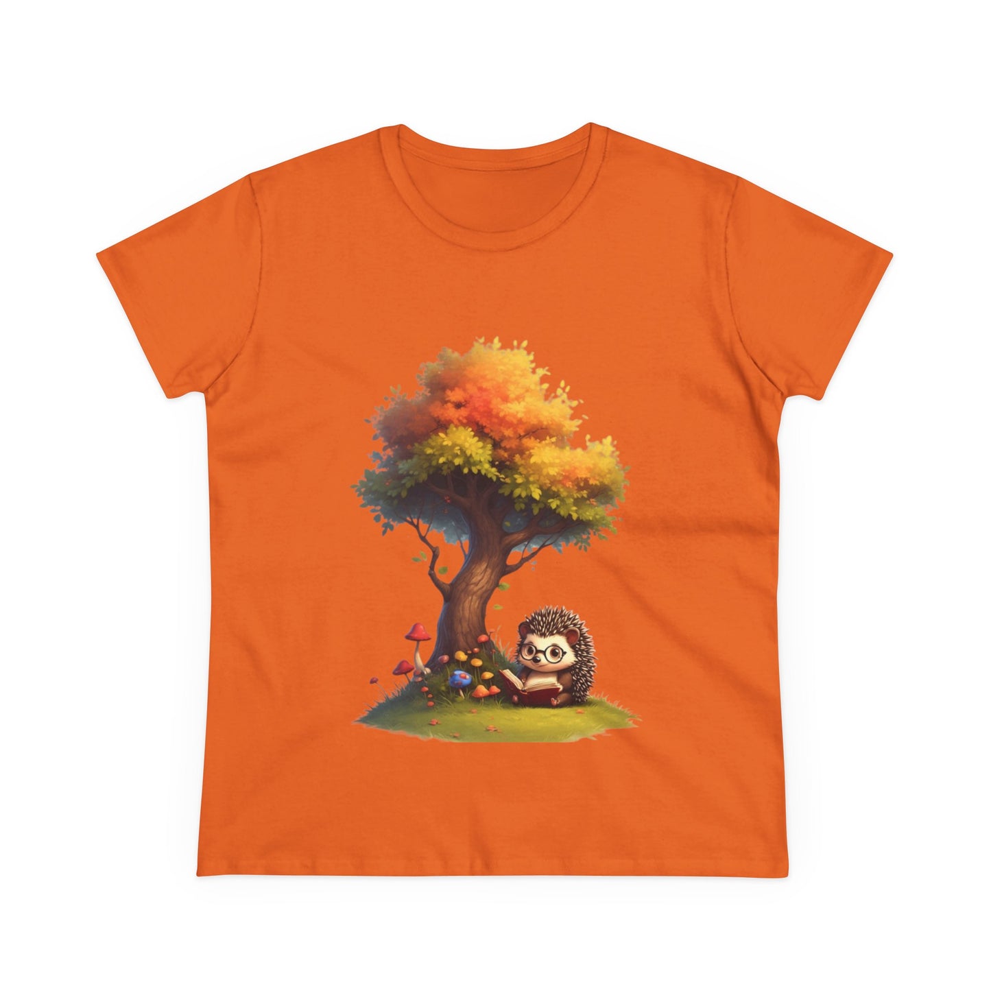 Cute Hedgehog and Autumn Tree T-Shirt, Fall Apparel, Nature Lover Gift, Women's Casual Tee, Gift for Her, Seasonal Style