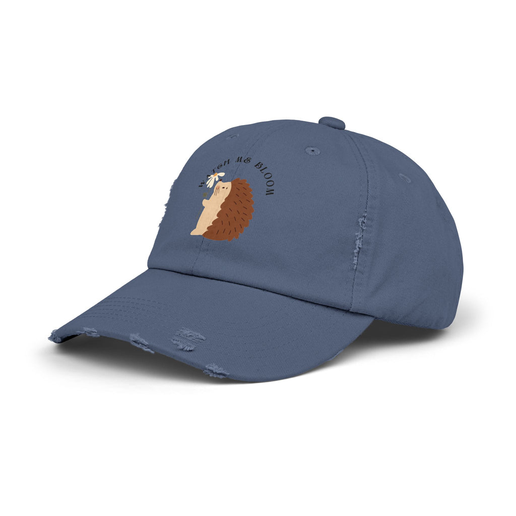 Watch Me Bloom Unisex Distressed Cap - Cute Animal Hat, Hedgehog Lover Gift, Vintage Style Cap, Casual Outdoor Accessory, Fun Birthday Present