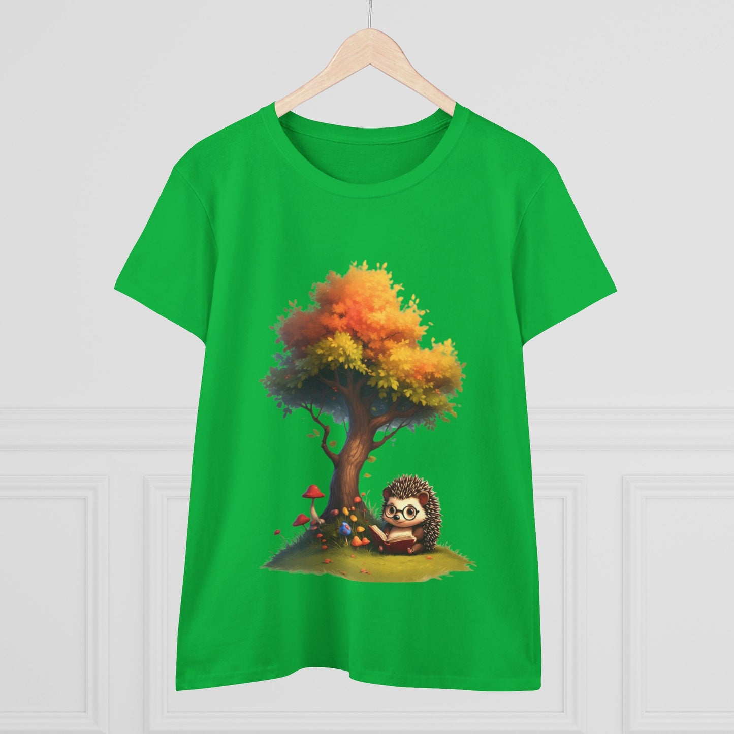 Cute Hedgehog and Autumn Tree T-Shirt, Fall Apparel, Nature Lover Gift, Women's Casual Tee, Gift for Her, Seasonal Style