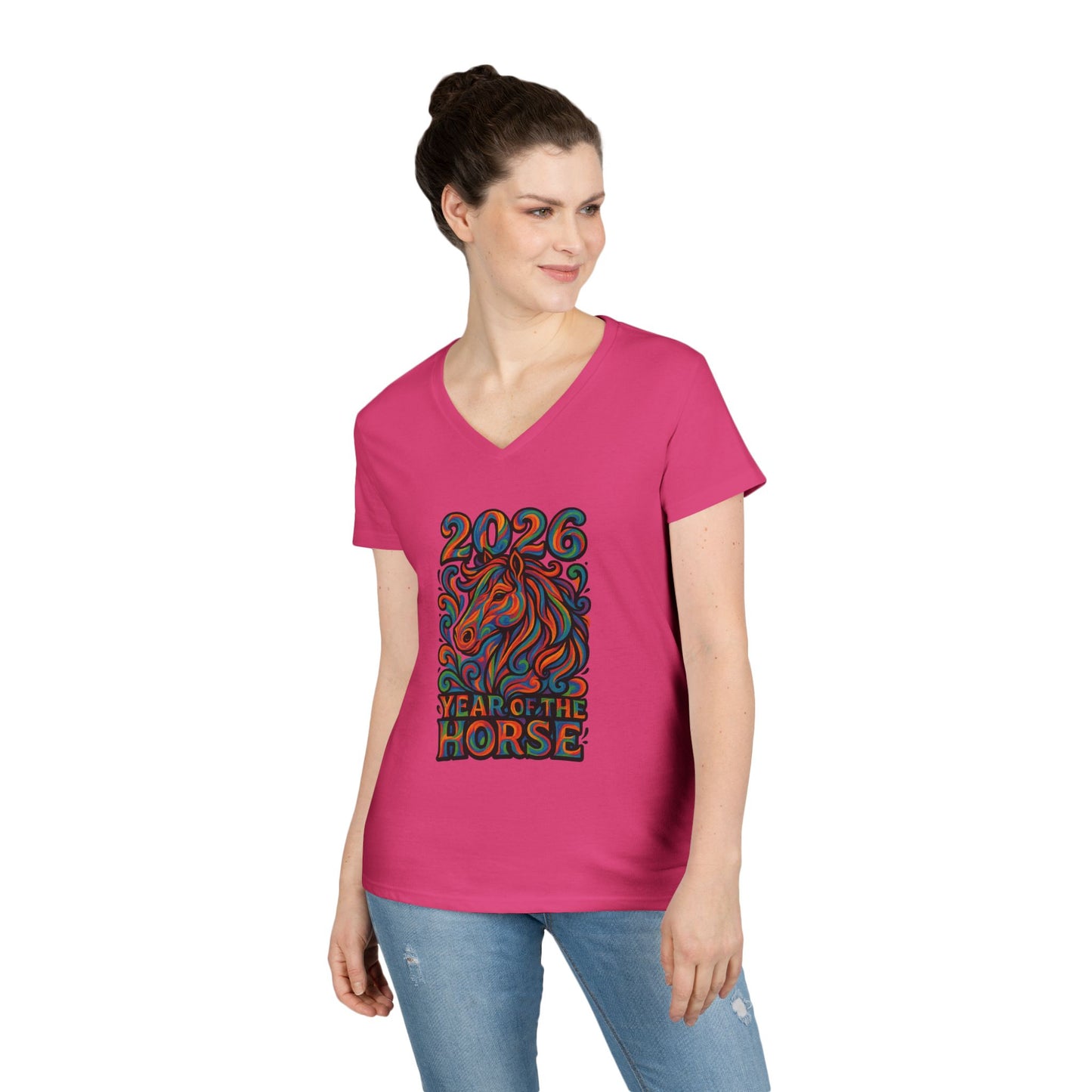 2026 Year of the Horse Ladies' V‑Neck Tee — Colorful Zodiac Horse Design