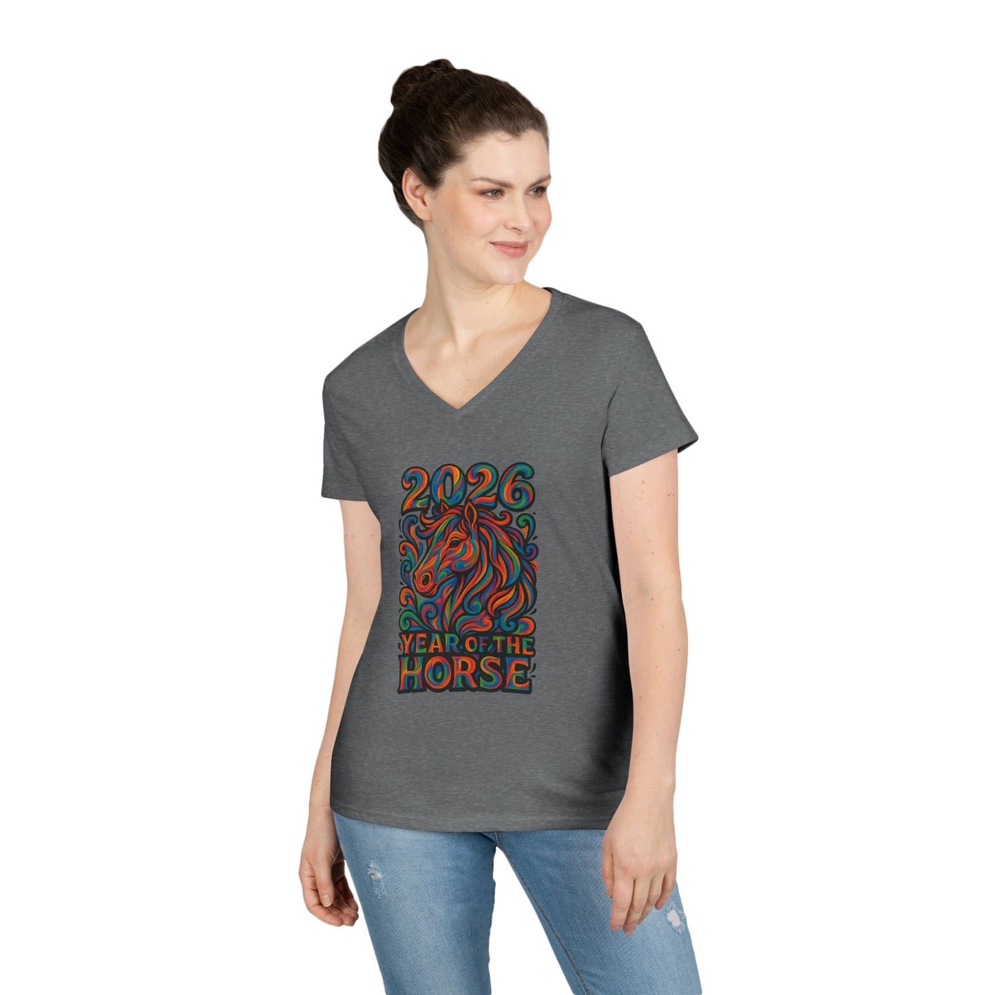 2026 Year of the Horse Ladies' V‑Neck Tee — Colorful Zodiac Horse Design