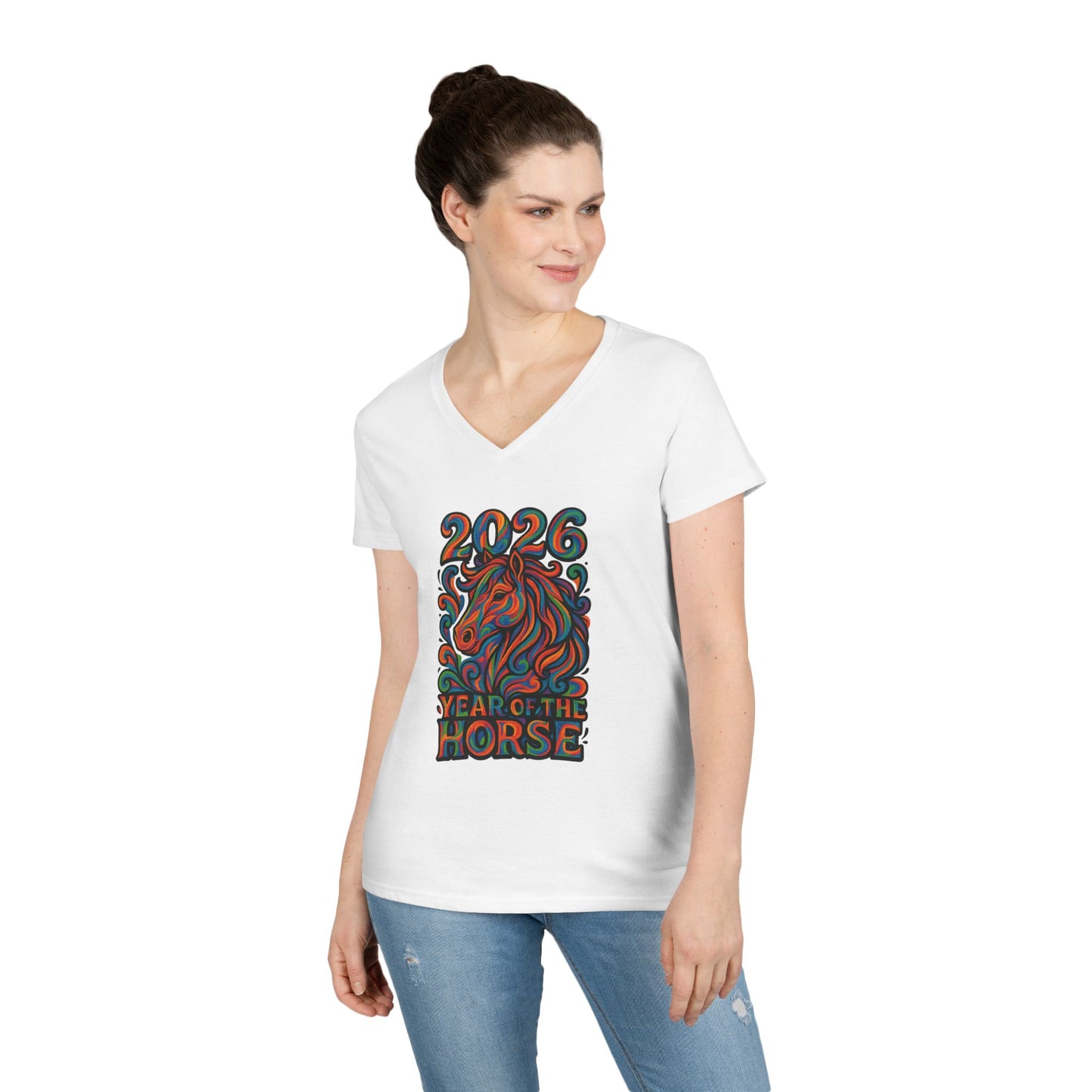2026 Year of the Horse Ladies' V‑Neck Tee — Colorful Zodiac Horse Design