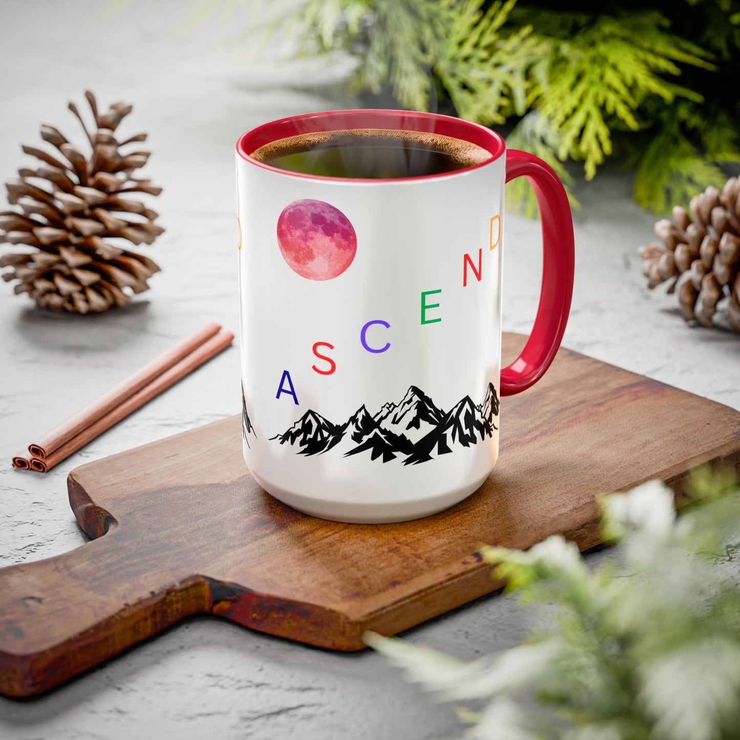 Ascend Mountain Mug — Colorful Rainbow Lettering with Pink Moon (11oz/15oz)