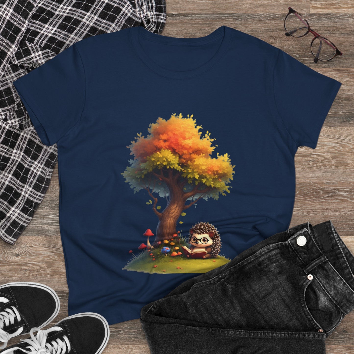 Cute Hedgehog and Autumn Tree T-Shirt, Fall Apparel, Nature Lover Gift, Women's Casual Tee, Gift for Her, Seasonal Style