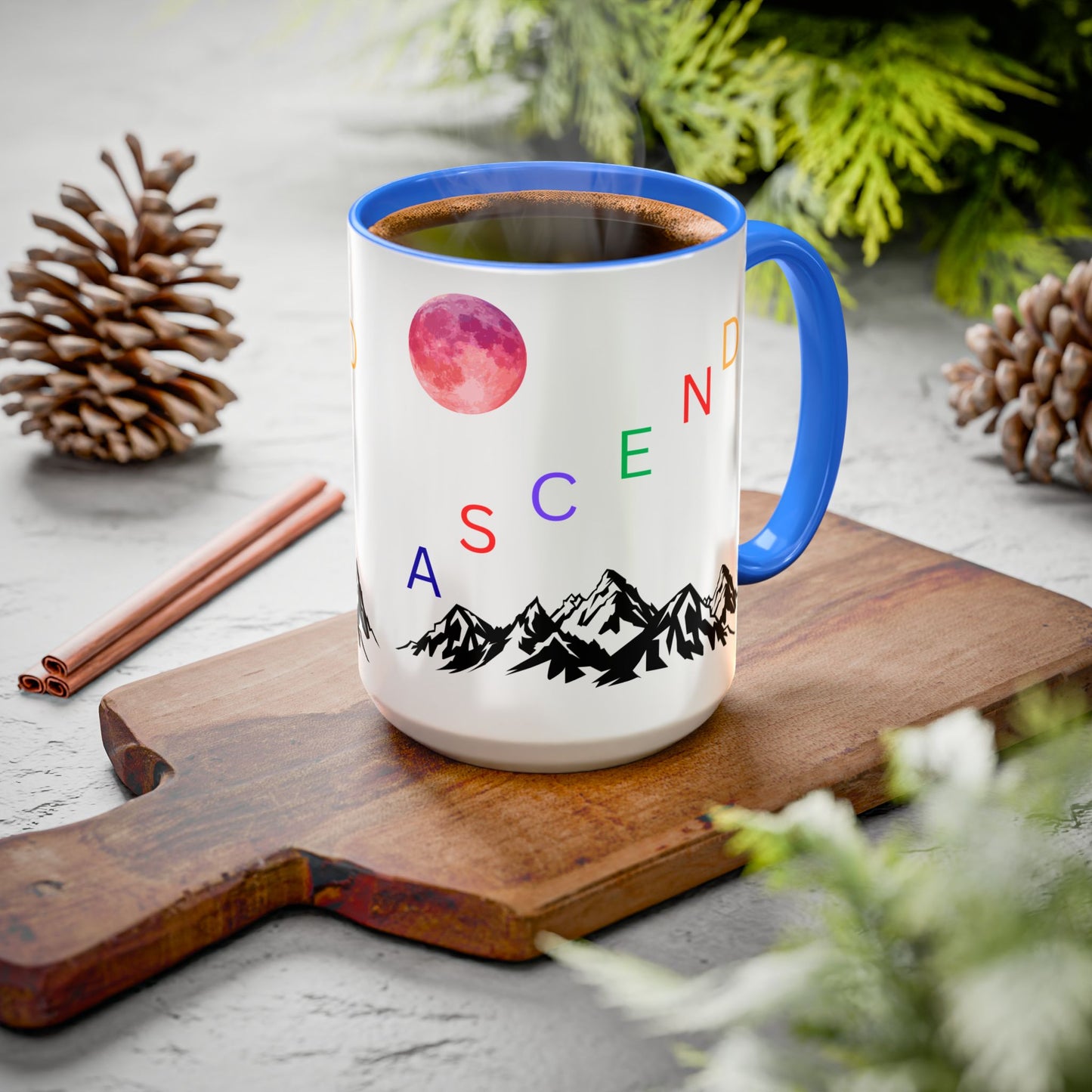 Ascend Mountain Mug — Colorful Rainbow Lettering with Pink Moon (11oz/15oz)