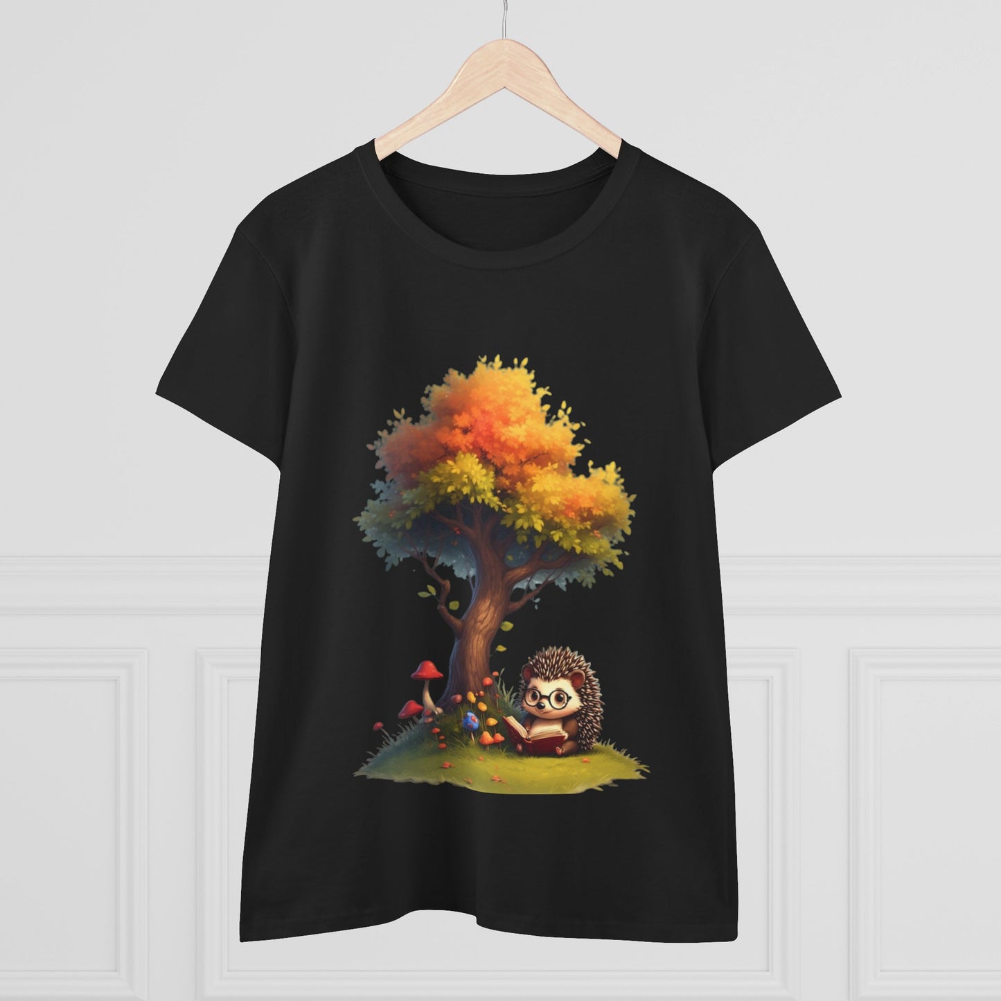 Cute Hedgehog and Autumn Tree T-Shirt, Fall Apparel, Nature Lover Gift, Women's Casual Tee, Gift for Her, Seasonal Style