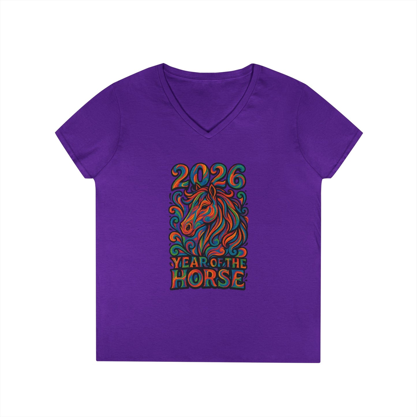 2026 Year of the Horse Ladies' V‑Neck Tee — Colorful Zodiac Horse Design
