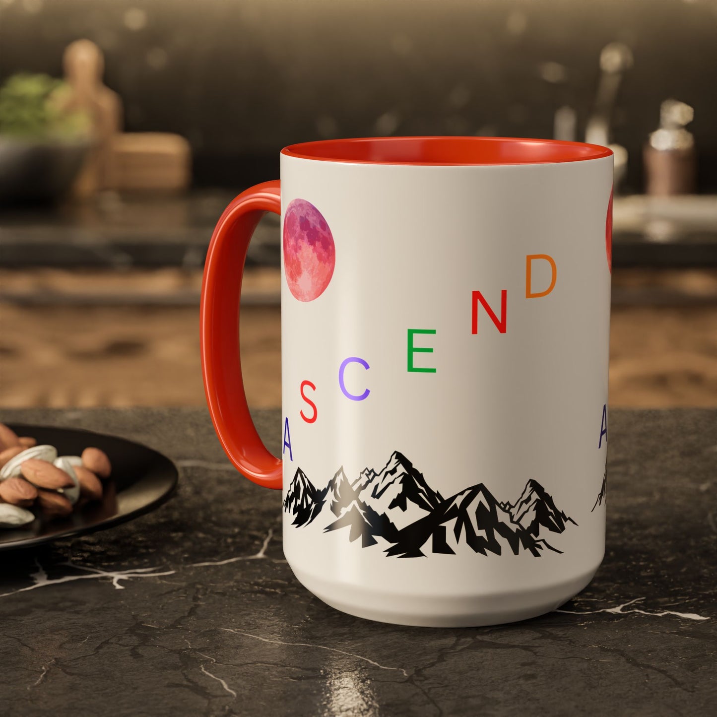 Ascend Mountain Mug — Colorful Rainbow Lettering with Pink Moon (11oz/15oz)