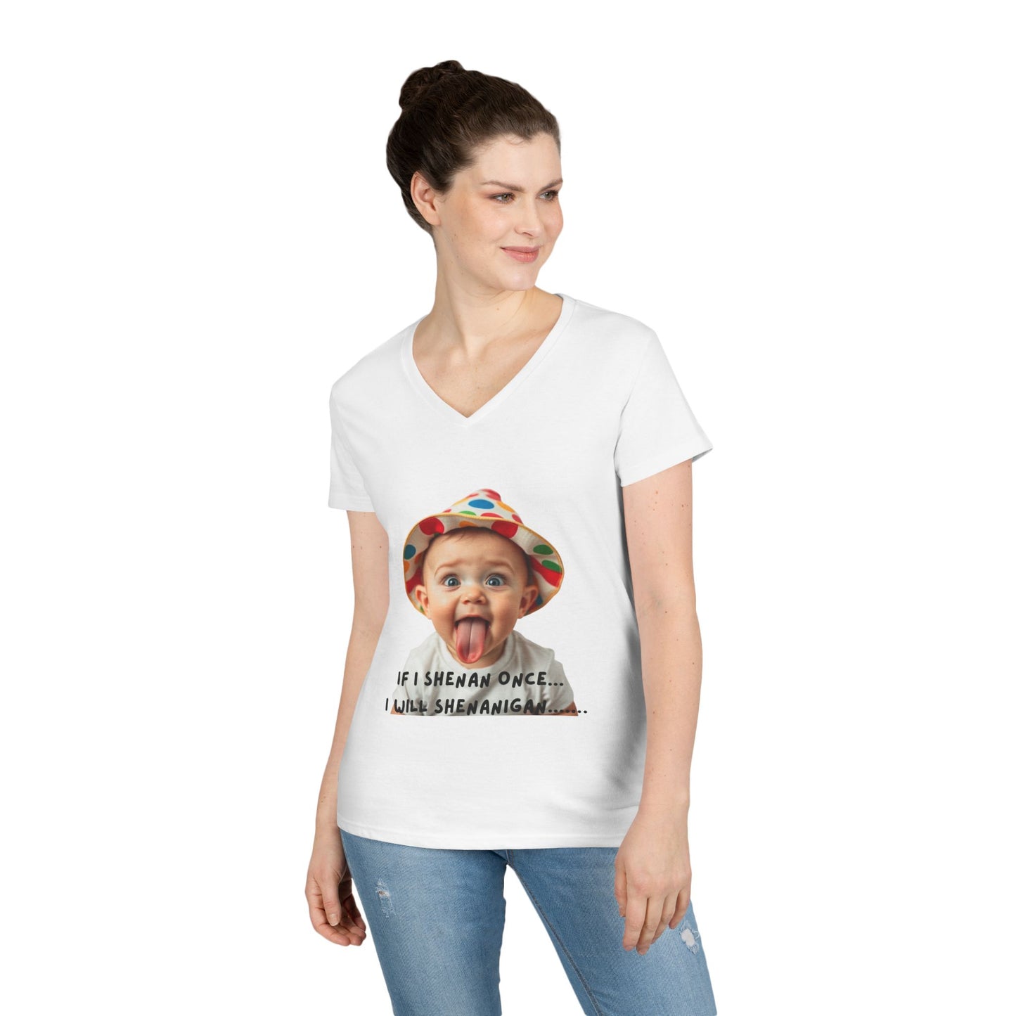 If I Shenan Once I will Shenanigan Whimsical V-Neck T-Shirt, Funny Graphic Tee for Moms, Playful Gift, Casual Chic, Children's Humor Shirt