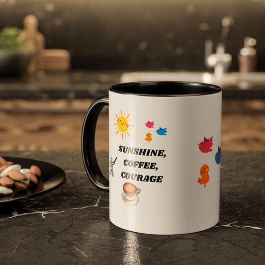 Colorful Inspirational Coffee Mugs, Sunshine, Coffee, Courage , Perfect for Gifts, Home Decor, Motivational Drinkware, Ceramic Cups