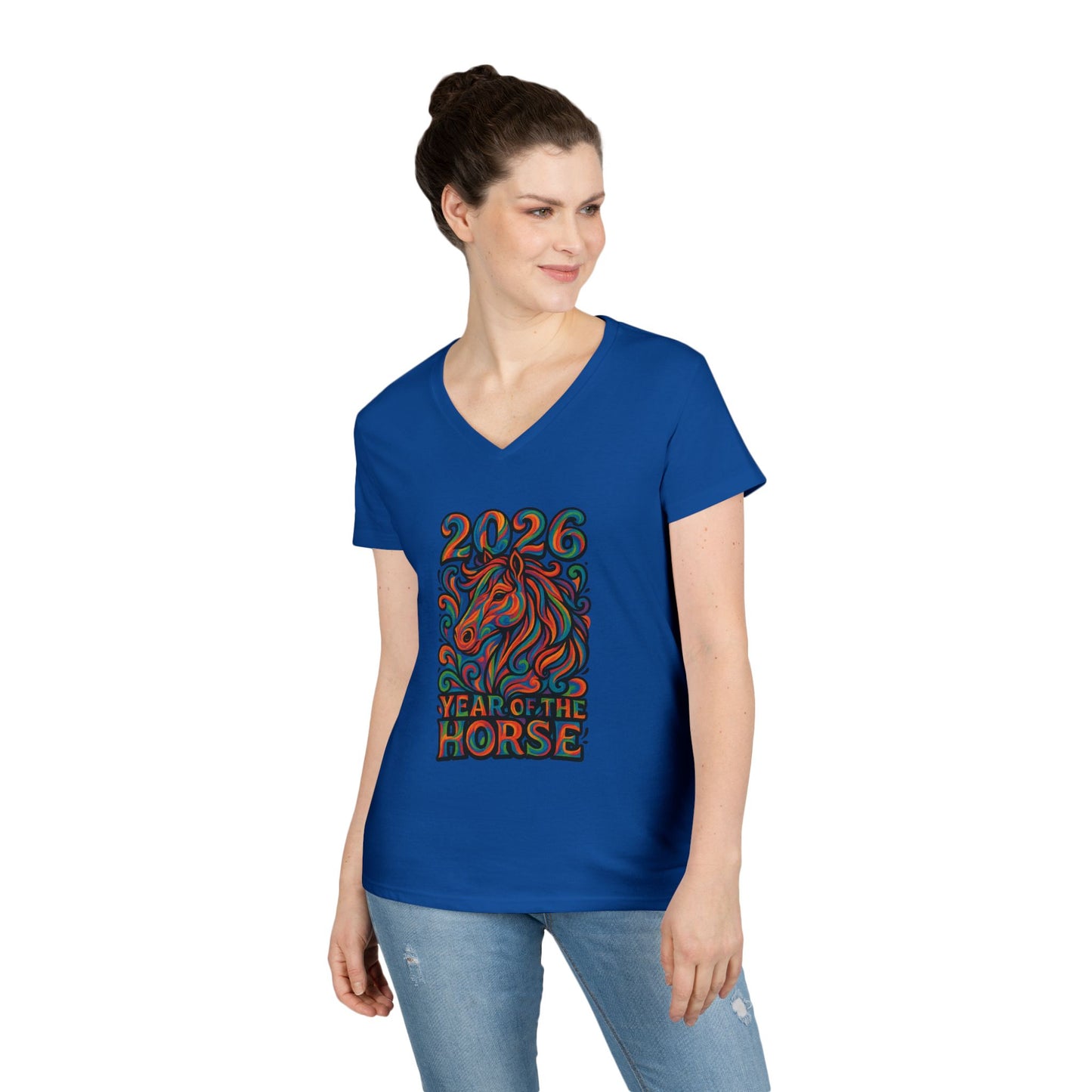 2026 Year of the Horse Ladies' V‑Neck Tee — Colorful Zodiac Horse Design