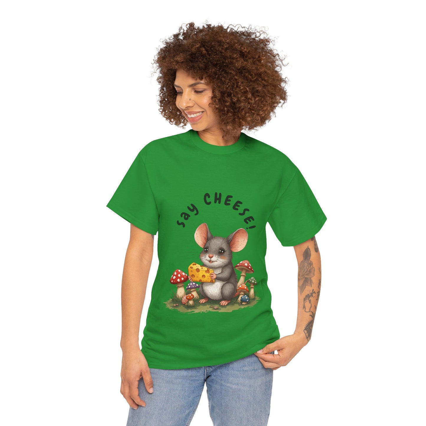 Say Cheese! Cute Mouse Graphic Tee, Say Cheese Unisex Heavy Cotton Tee, Whimsical T-Shirt, Nature Lover Gift, Fun Animal Apparel, Playful Fashion