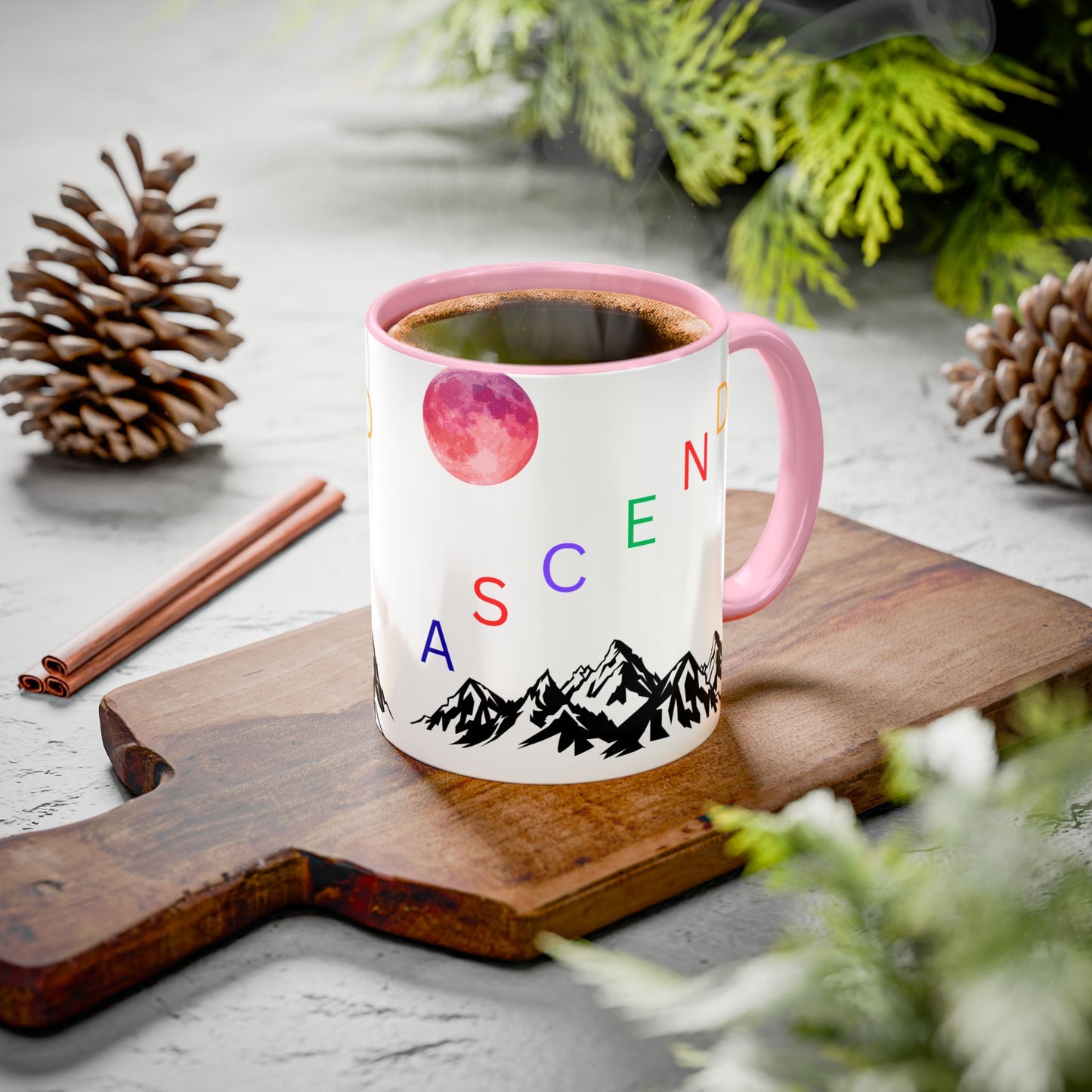 Ascend Mountain Mug — Colorful Rainbow Lettering with Pink Moon (11oz/15oz)