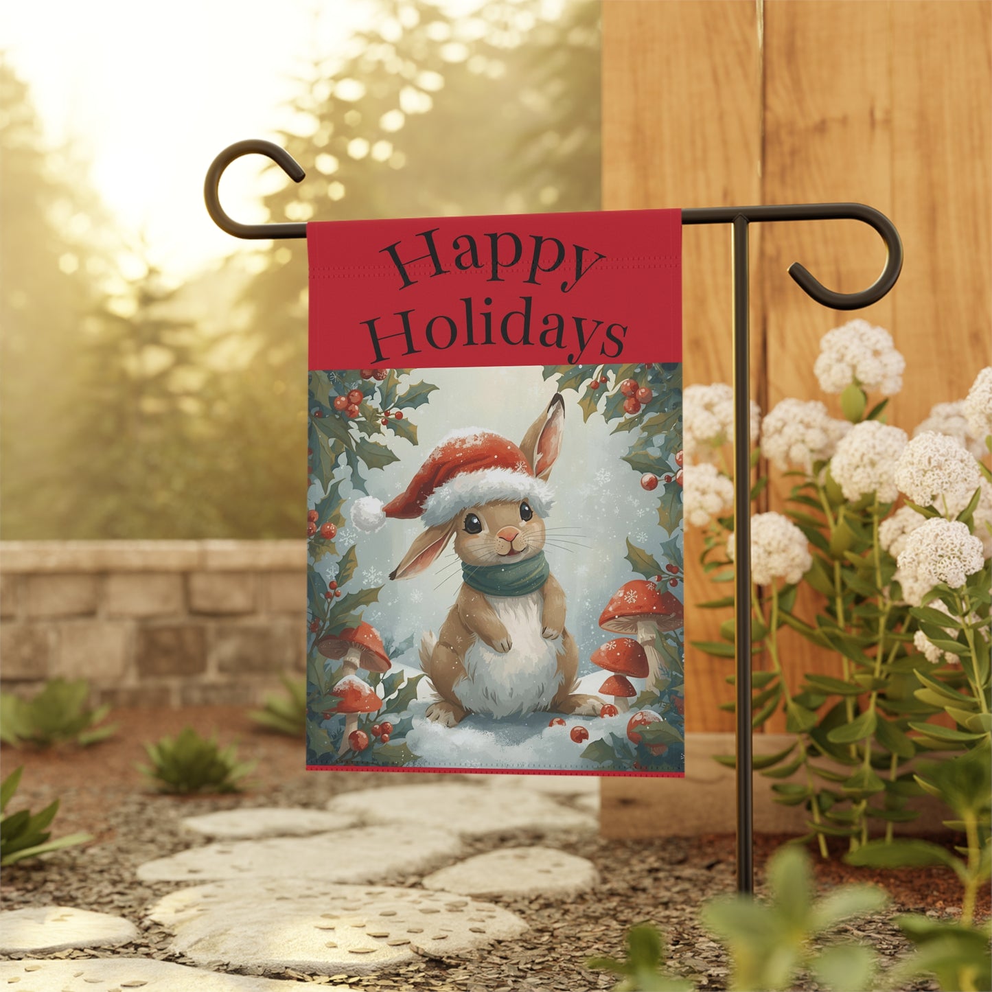 Festive Garden Banner, Happy Holidays Decoration, Rabbit Garden Flag, Outdoor Holiday Decor, Christmas Yard Banner, Seasonal Home Decor