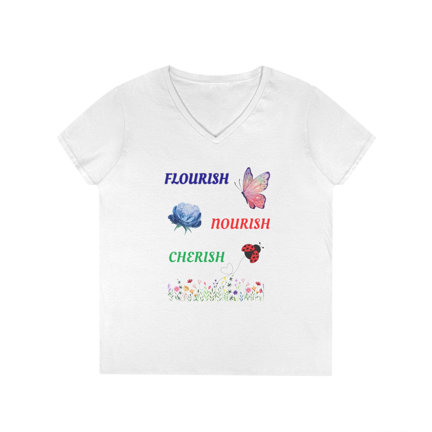 Flourish Nourish Cherish Floral V-Neck  Cotton Tee