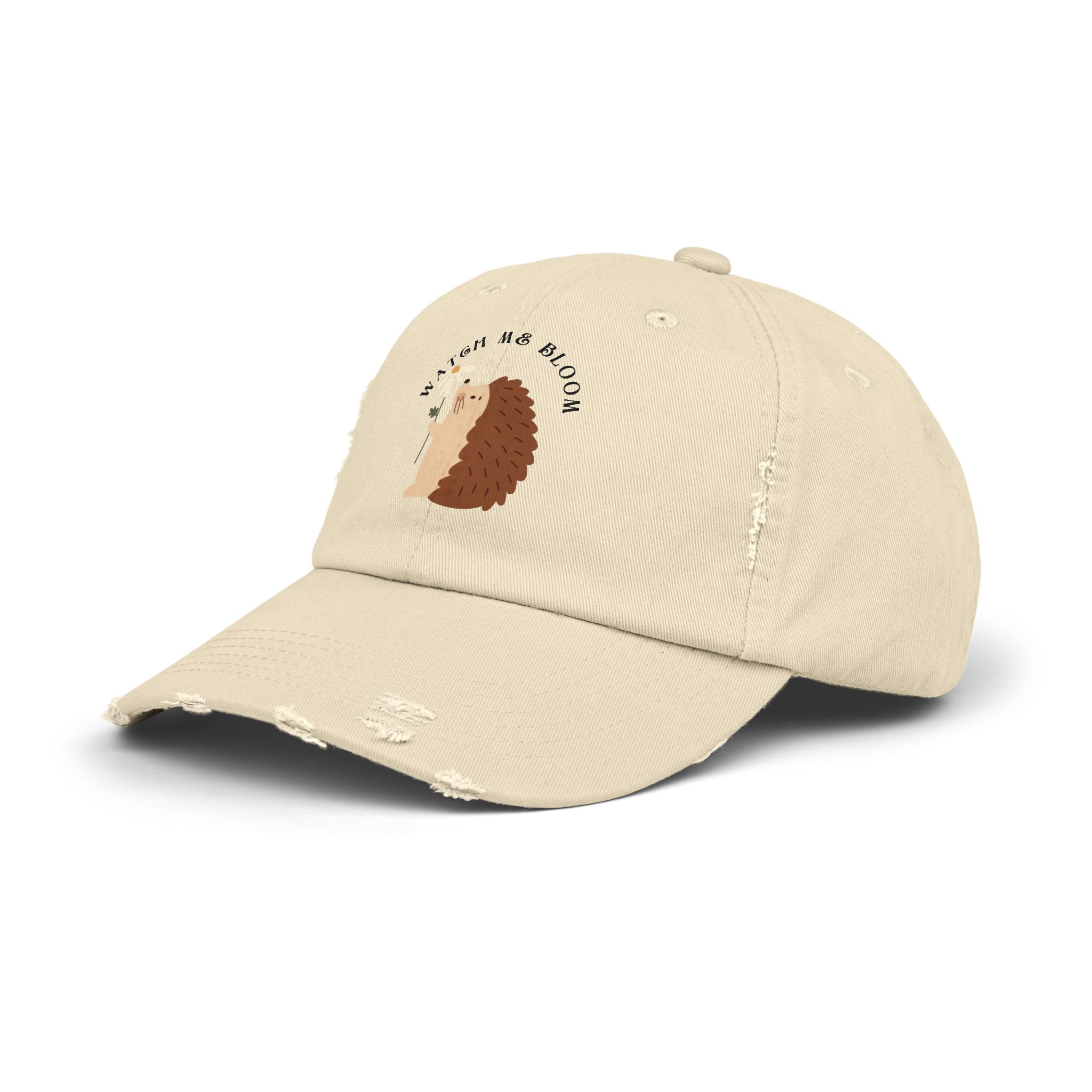 Watch Me Bloom Unisex Distressed Cap - Cute Animal Hat, Hedgehog Lover Gift, Vintage Style Cap, Casual Outdoor Accessory, Fun Birthday Present