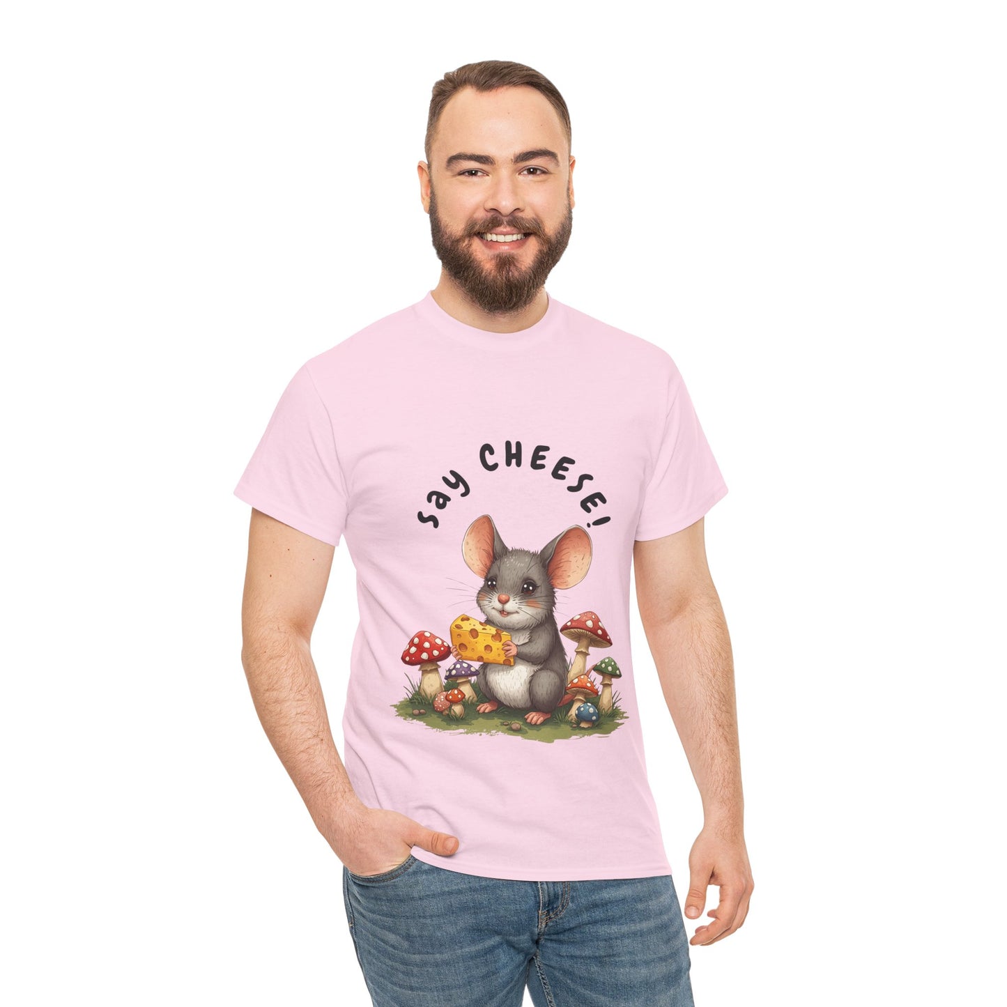 Say Cheese! Cute Mouse Graphic Tee, Say Cheese Unisex Heavy Cotton Tee, Whimsical T-Shirt, Nature Lover Gift, Fun Animal Apparel, Playful Fashion