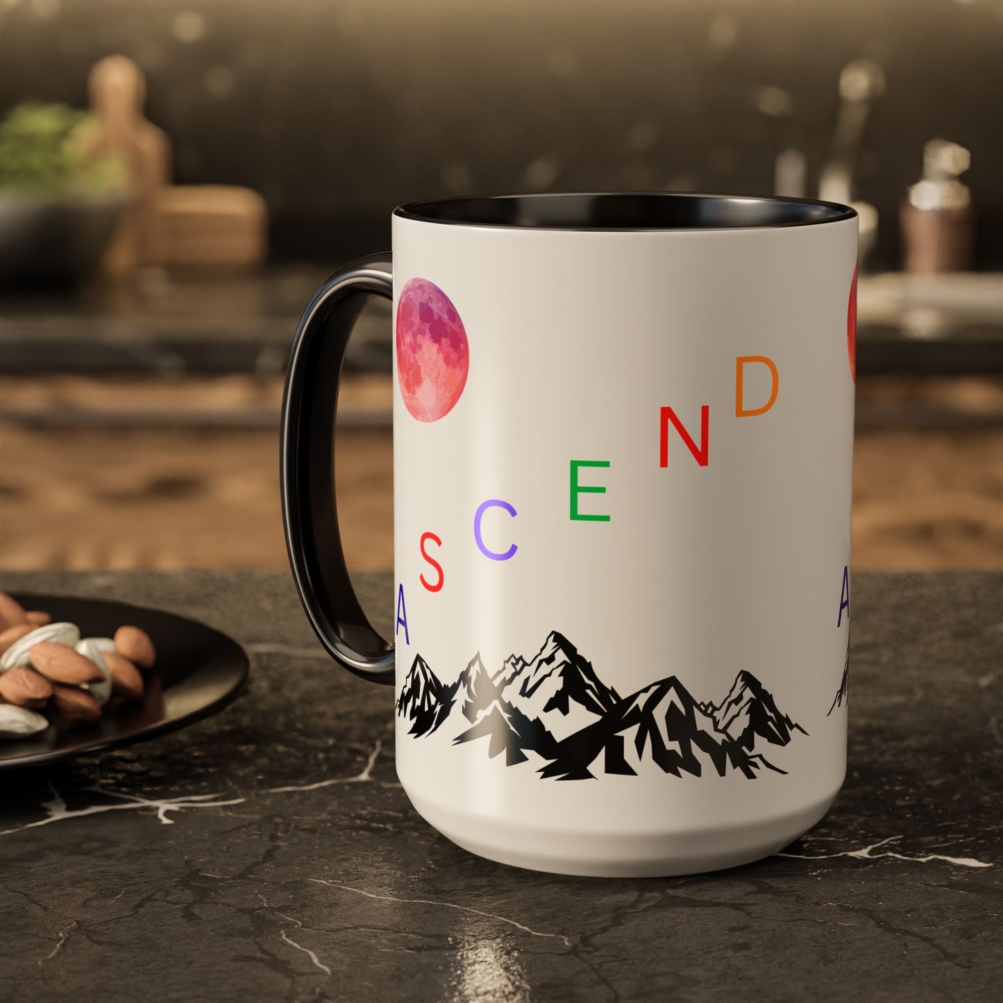 Ascend Mountain Mug — Colorful Rainbow Lettering with Pink Moon (11oz/15oz)