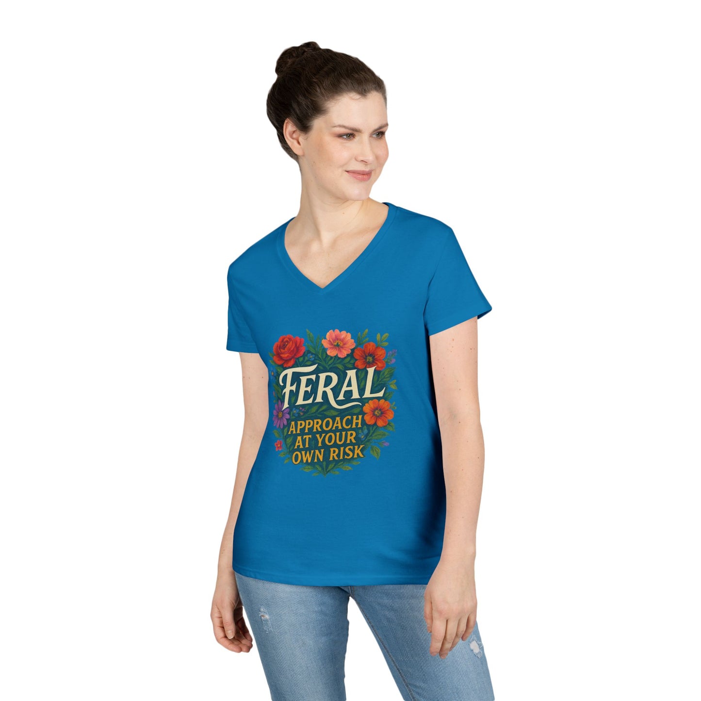 Feral Floral V-Neck Tee — “Feral: Approach At Your Own Risk” Ladies' Graphic T‑Shirt