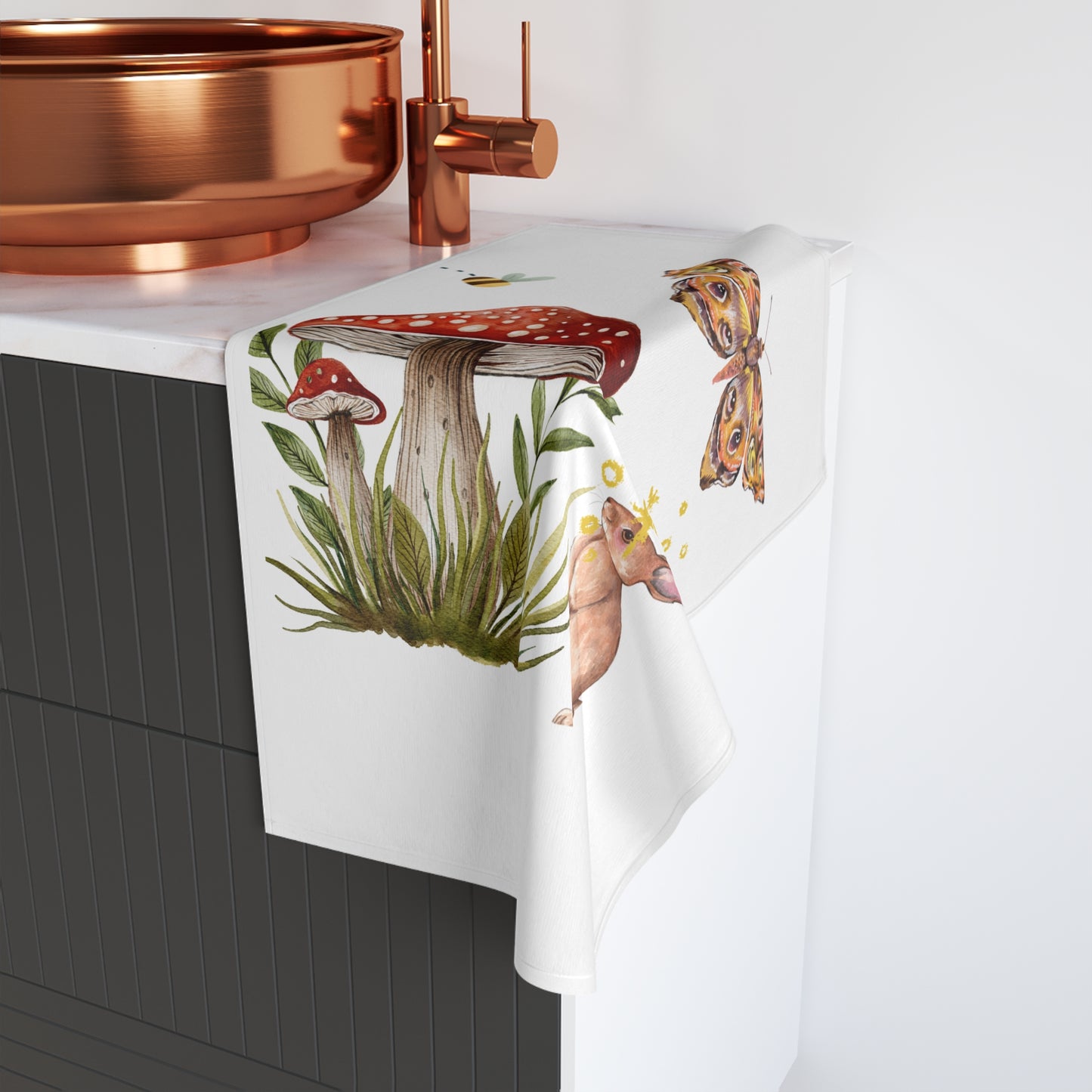 Whimsical Nature Hand Towel with Butterfly and Rabbit Design, Kitchen Decor, Home Essential, Eco-Friendly Gift, Spring or Easter Decor