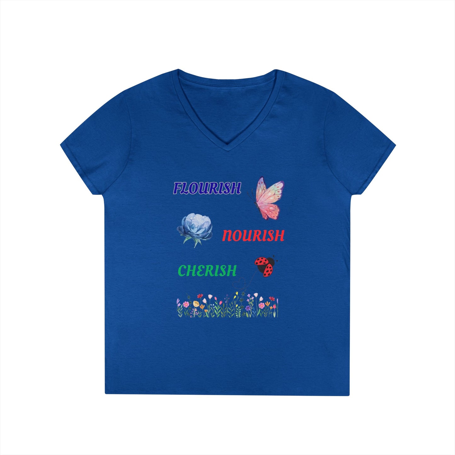 Flourish Nourish Cherish Floral V-Neck  Cotton Tee