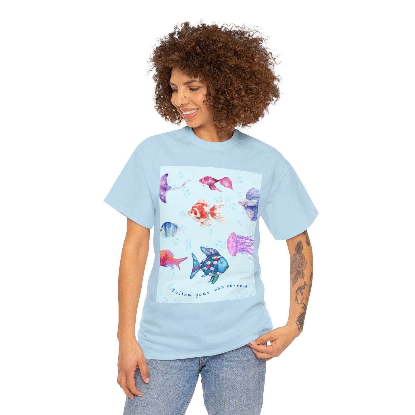 Follow your own current T-Shirt — Unisex Colorful Watercolor Fish & Jellyfish Graphic (Hello Great Big Ocean)