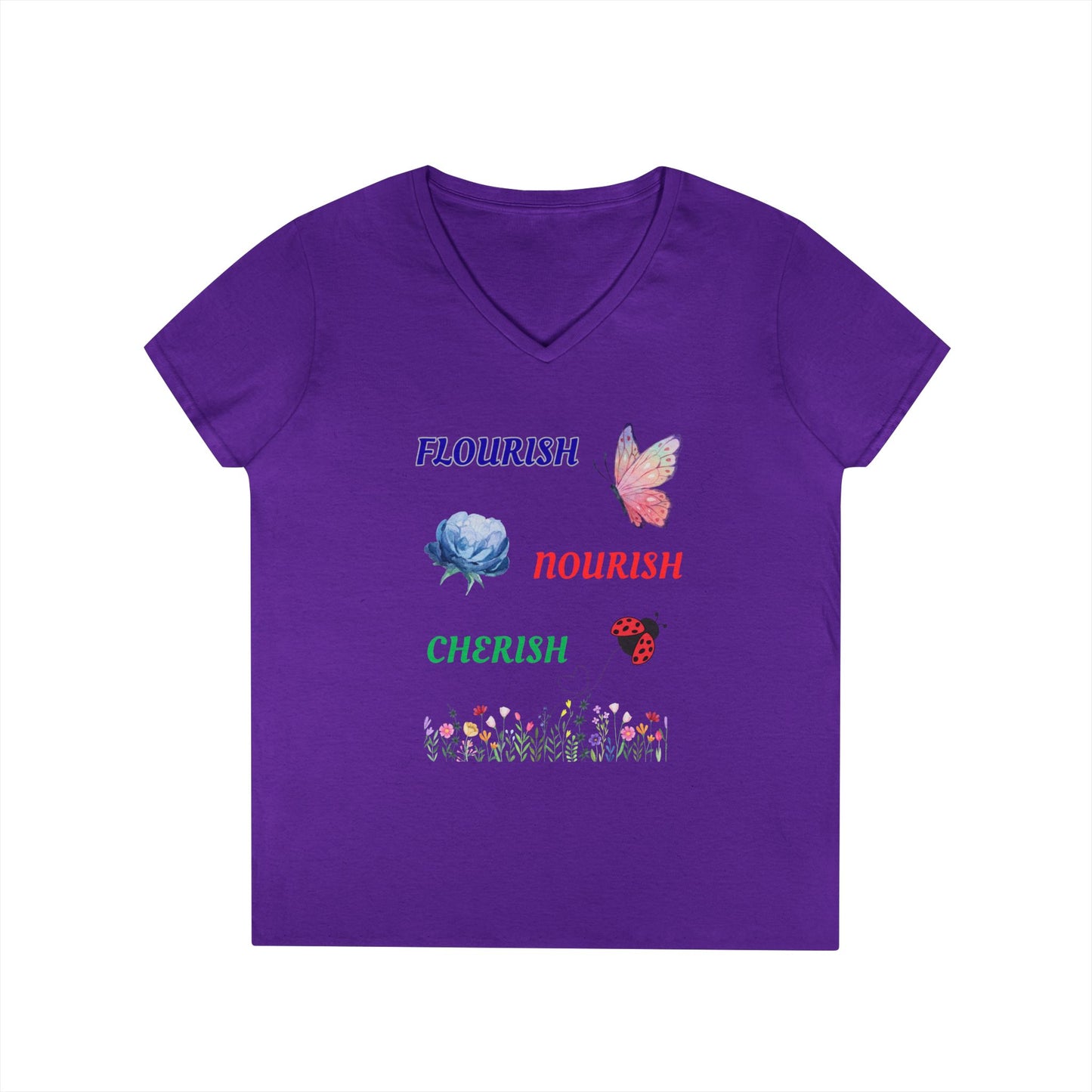 Flourish Nourish Cherish Floral V-Neck  Cotton Tee