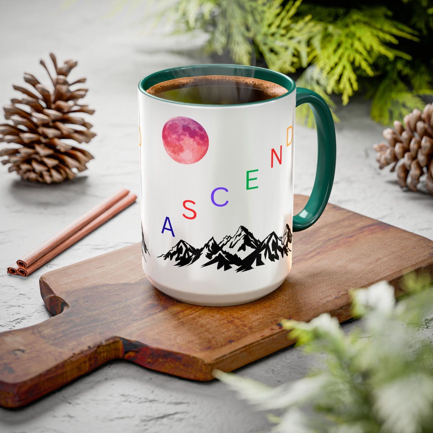 Ascend Mountain Mug — Colorful Rainbow Lettering with Pink Moon (11oz/15oz)