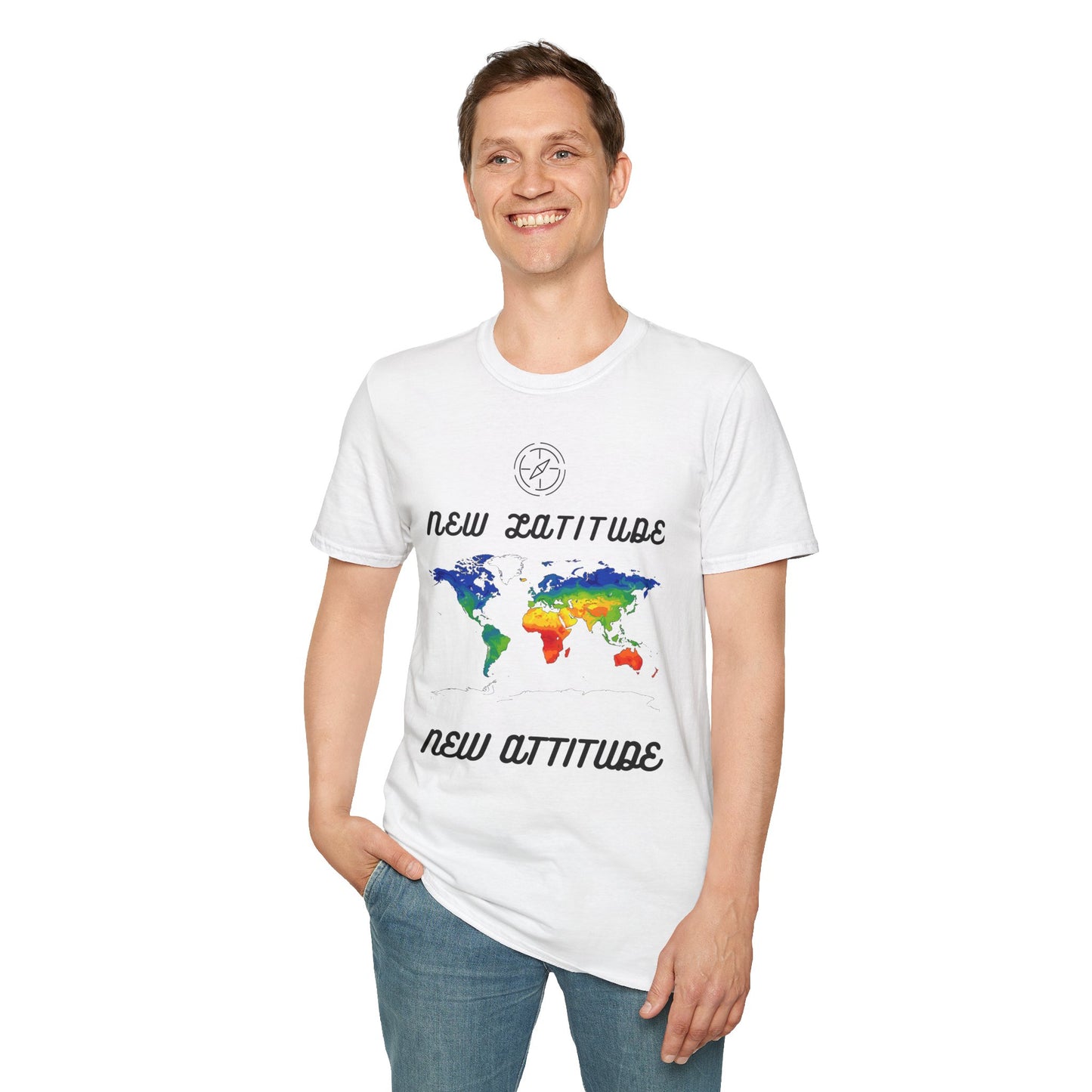 New Latitude New Attitude Map T-Shirt, Colorful World Map Travel Tee, 100%Cotton
