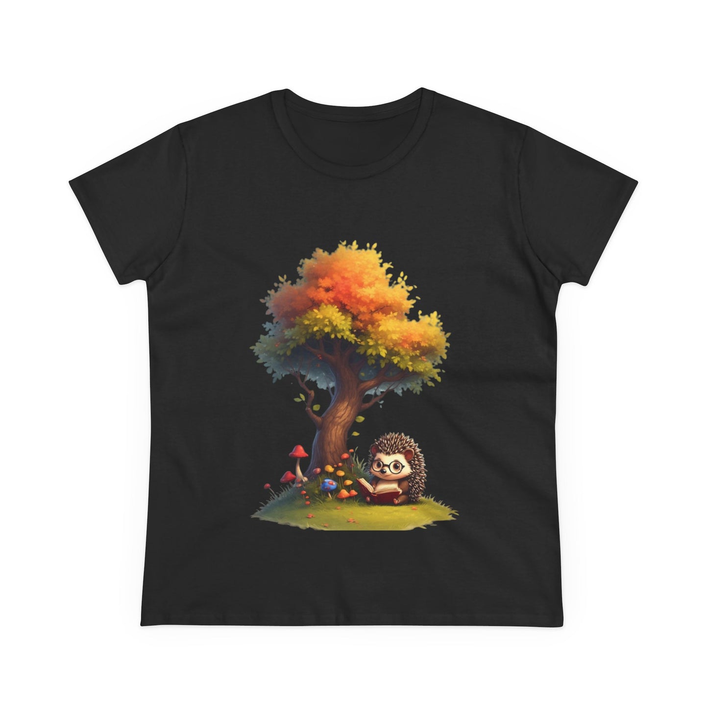 Cute Hedgehog and Autumn Tree T-Shirt, Fall Apparel, Nature Lover Gift, Women's Casual Tee, Gift for Her, Seasonal Style