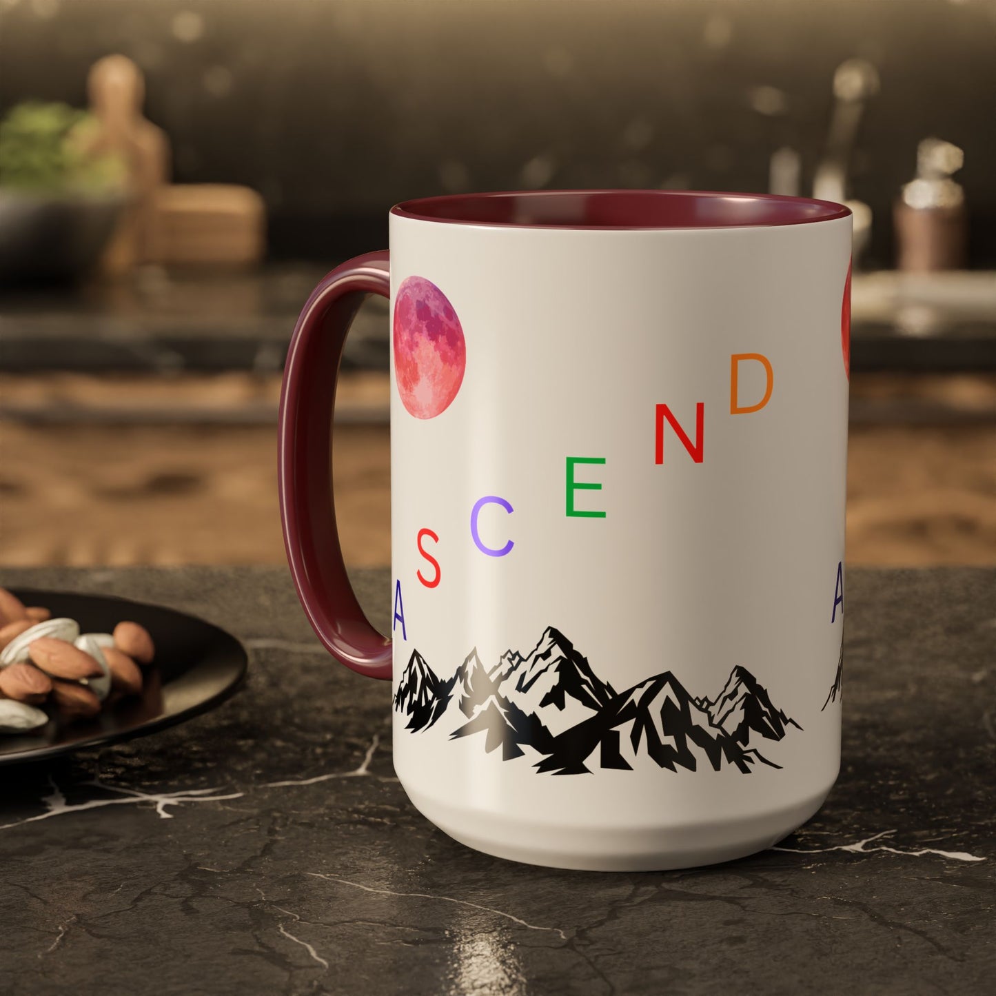 Ascend Mountain Mug — Colorful Rainbow Lettering with Pink Moon (11oz/15oz)