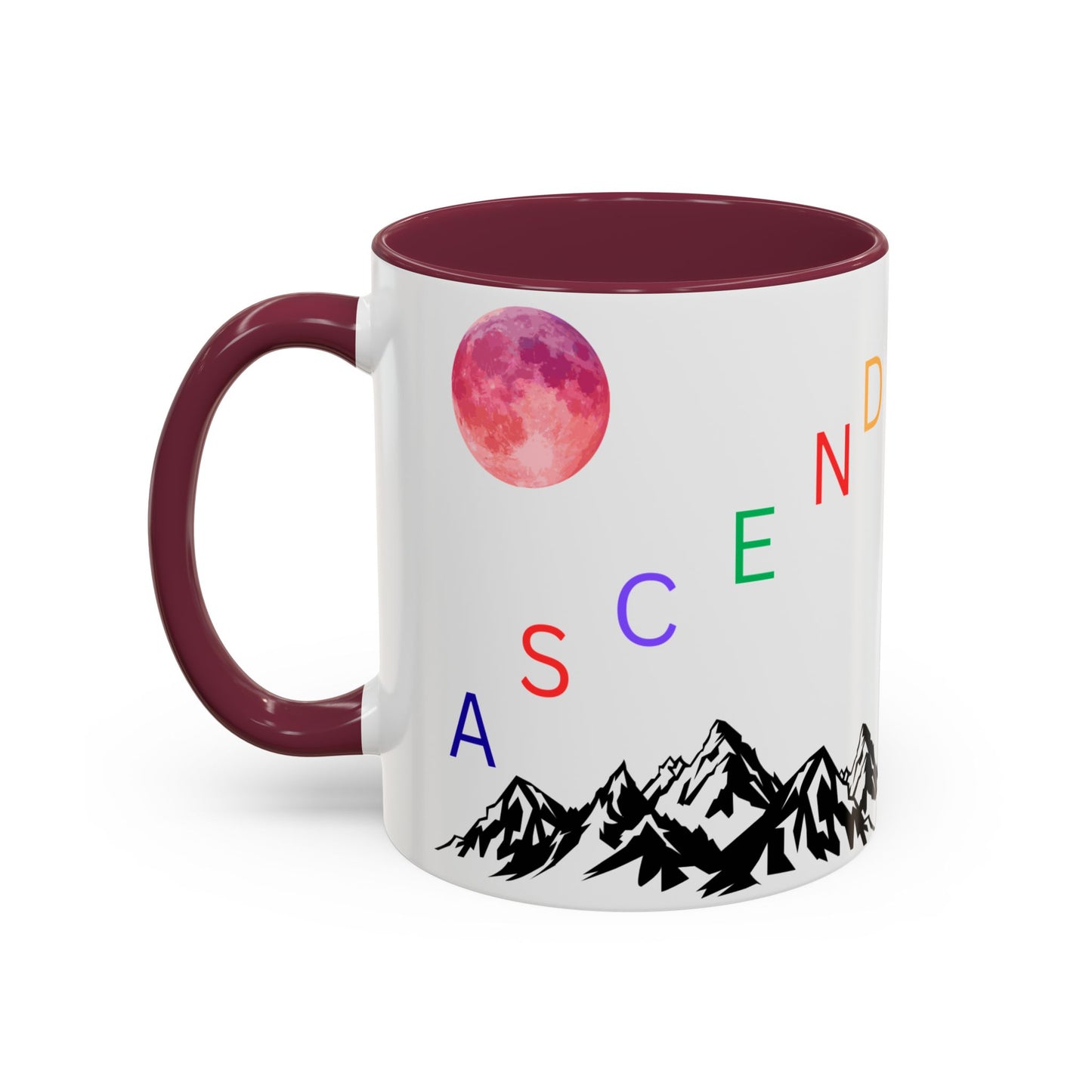 Ascend Mountain Mug — Colorful Rainbow Lettering with Pink Moon (11oz/15oz)
