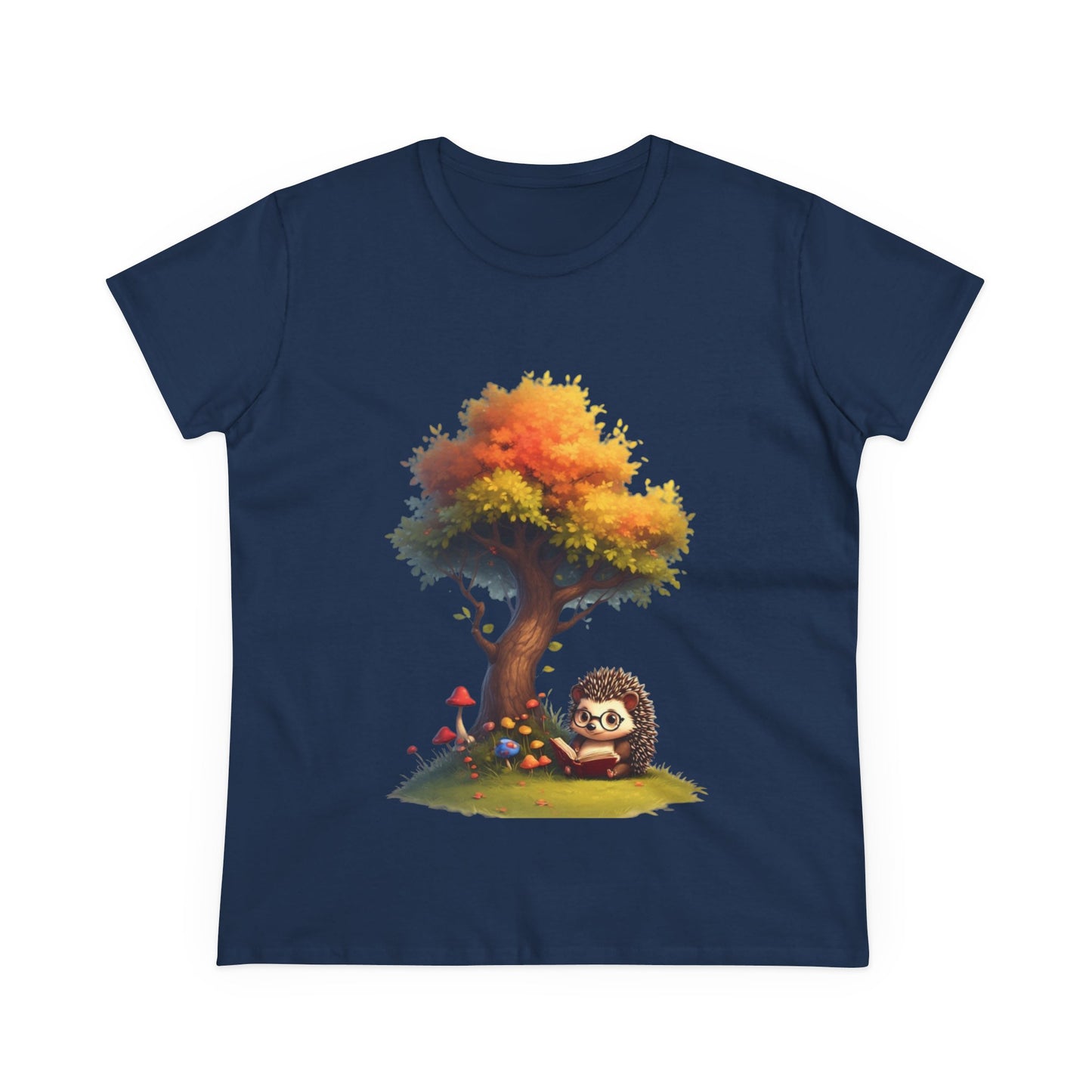 Cute Hedgehog and Autumn Tree T-Shirt, Fall Apparel, Nature Lover Gift, Women's Casual Tee, Gift for Her, Seasonal Style
