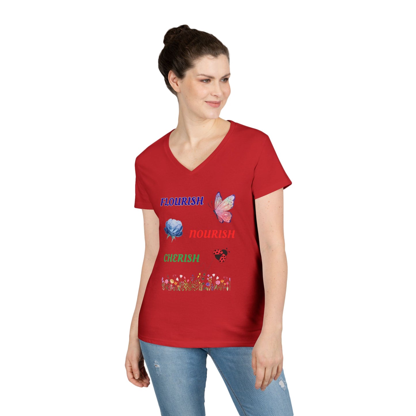 Flourish Nourish Cherish Floral V-Neck  Cotton Tee