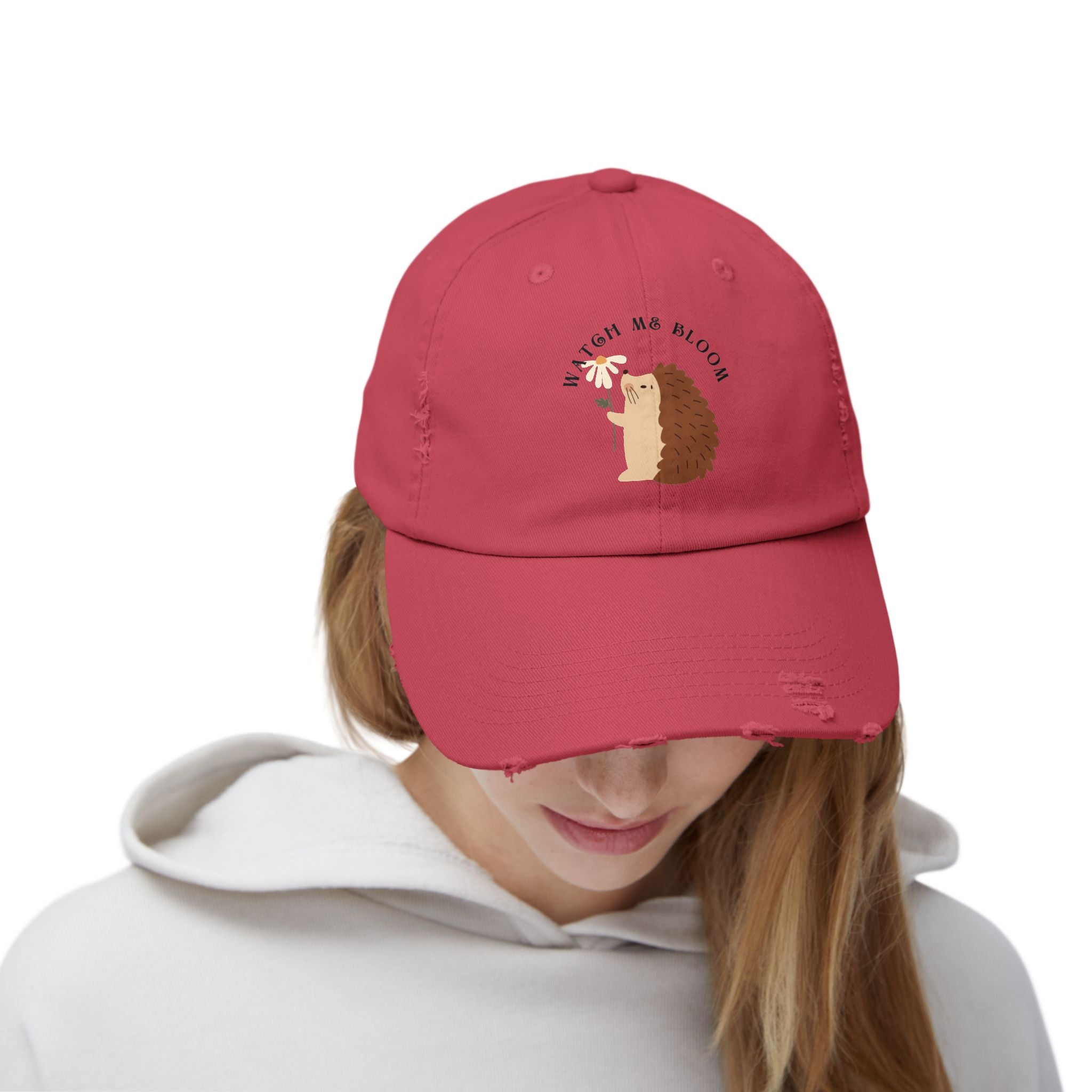 Watch Me Bloom Unisex Distressed Cap - Cute Animal Hat, Hedgehog Lover Gift, Vintage Style Cap, Casual Outdoor Accessory, Fun Birthday Present