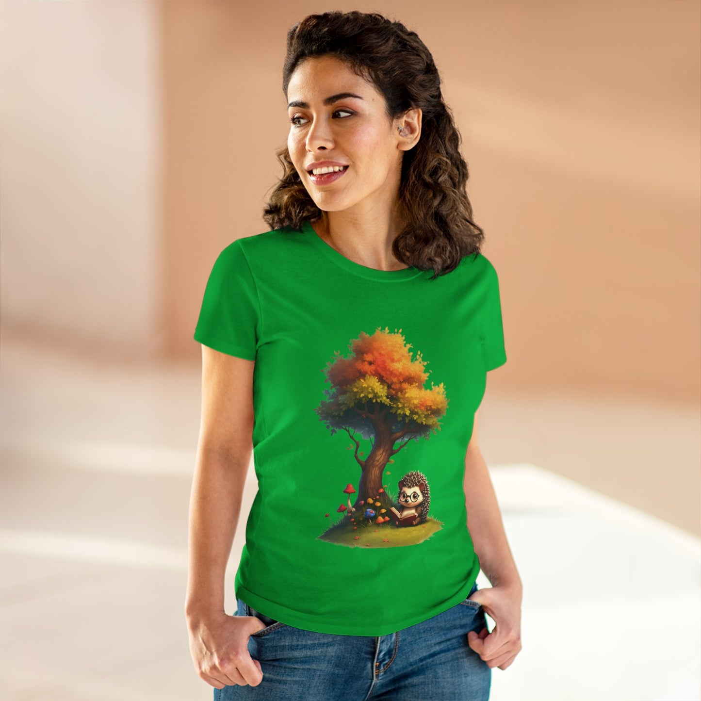 Cute Hedgehog and Autumn Tree T-Shirt, Fall Apparel, Nature Lover Gift, Women's Casual Tee, Gift for Her, Seasonal Style