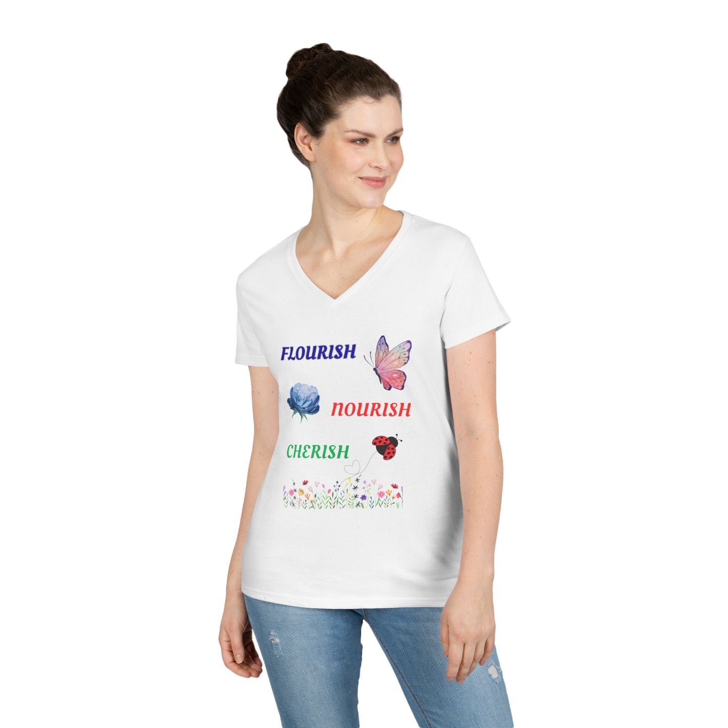 Flourish Nourish Cherish Floral V-Neck  Cotton Tee
