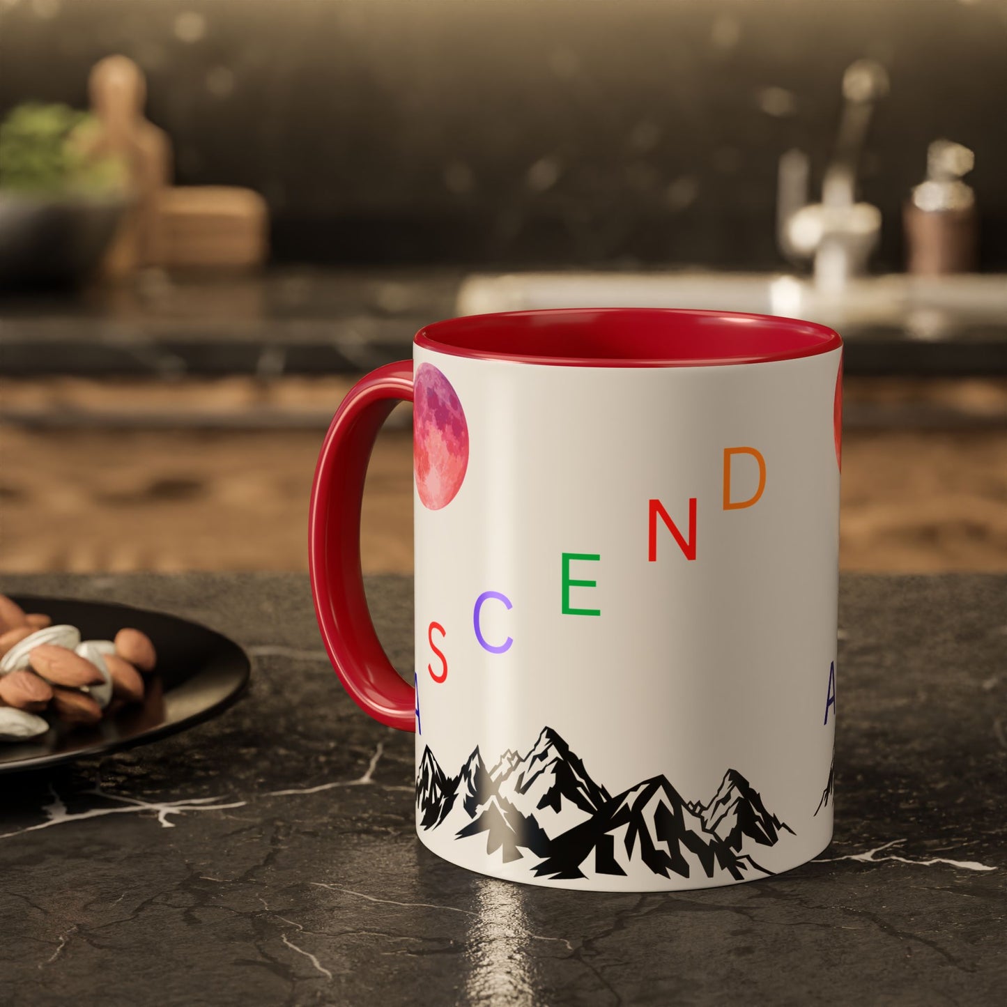 Ascend Mountain Mug — Colorful Rainbow Lettering with Pink Moon (11oz/15oz)