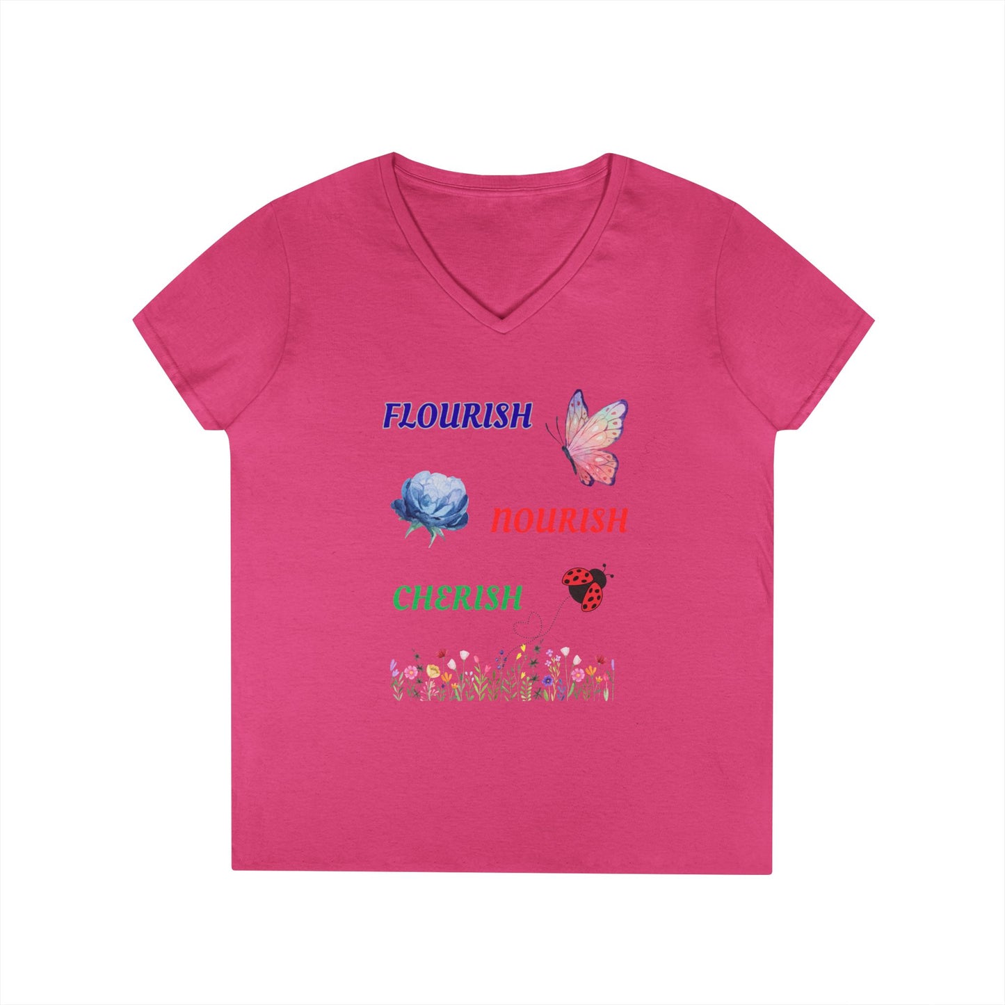 Flourish Nourish Cherish Floral V-Neck  Cotton Tee