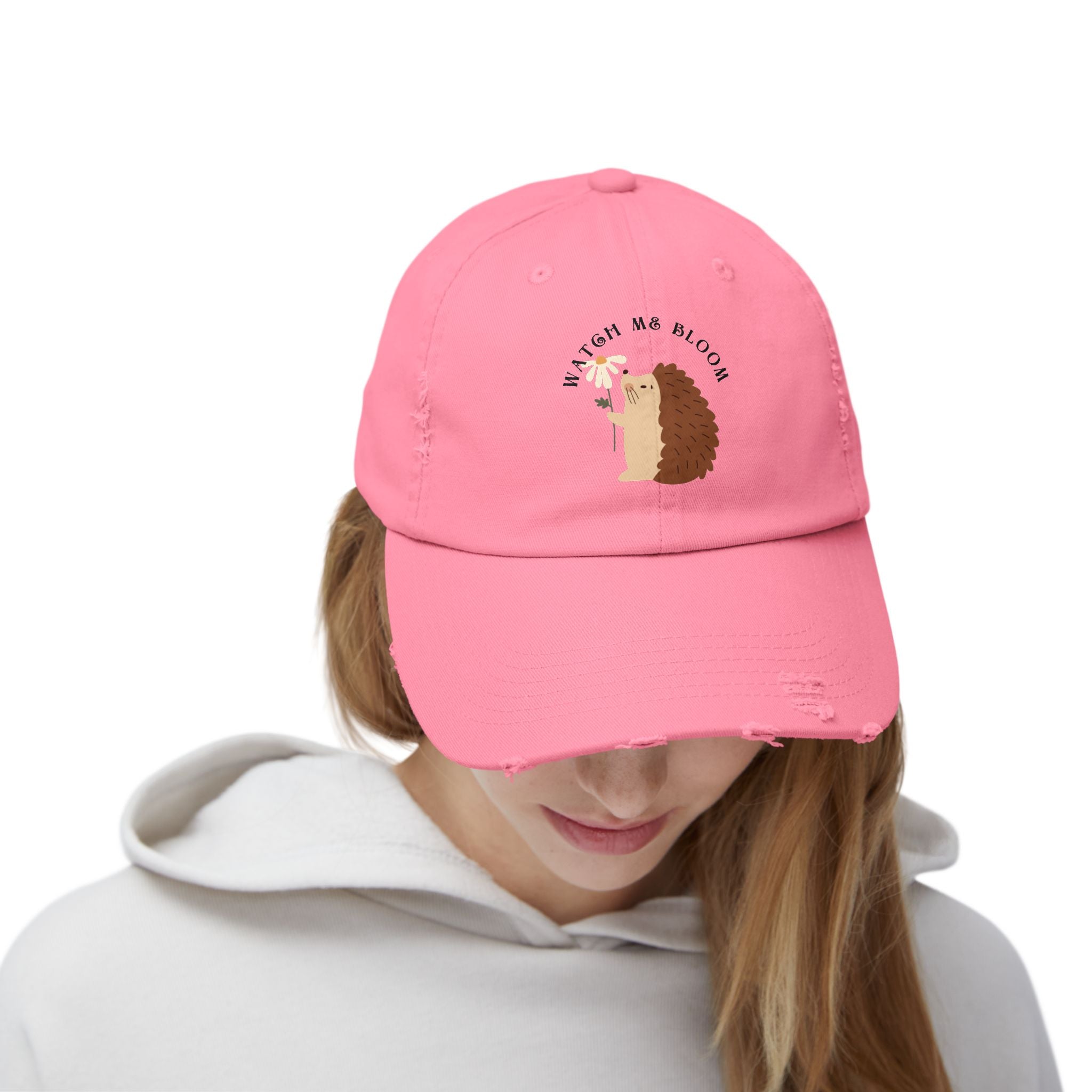 Watch Me Bloom Unisex Distressed Cap - Cute Animal Hat, Hedgehog Lover Gift, Vintage Style Cap, Casual Outdoor Accessory, Fun Birthday Present