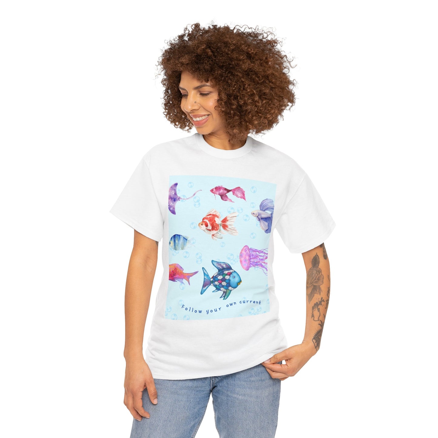 Follow your own current T-Shirt — Unisex Colorful Watercolor Fish & Jellyfish Graphic (Hello Great Big Ocean)