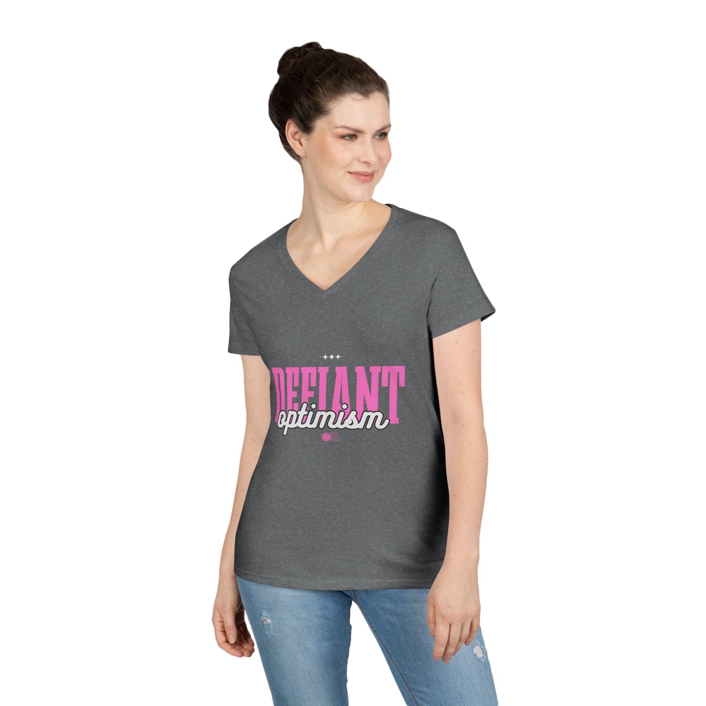 Defiant Optimism V-Neck Womens 100% Cotton Tee